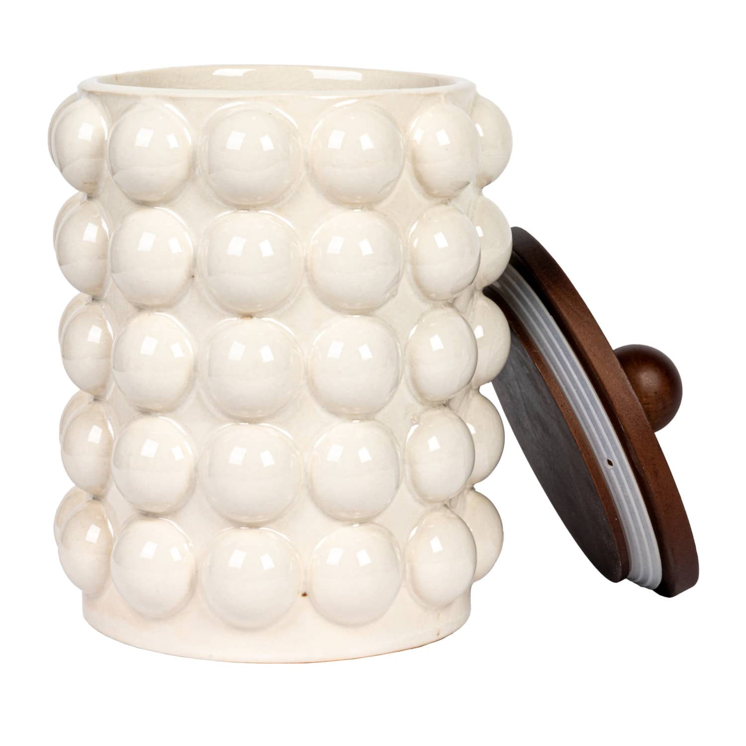 Hello Honey&#xAE; White Raised Dots Stoneware Canister with Acacia Wood Lid
