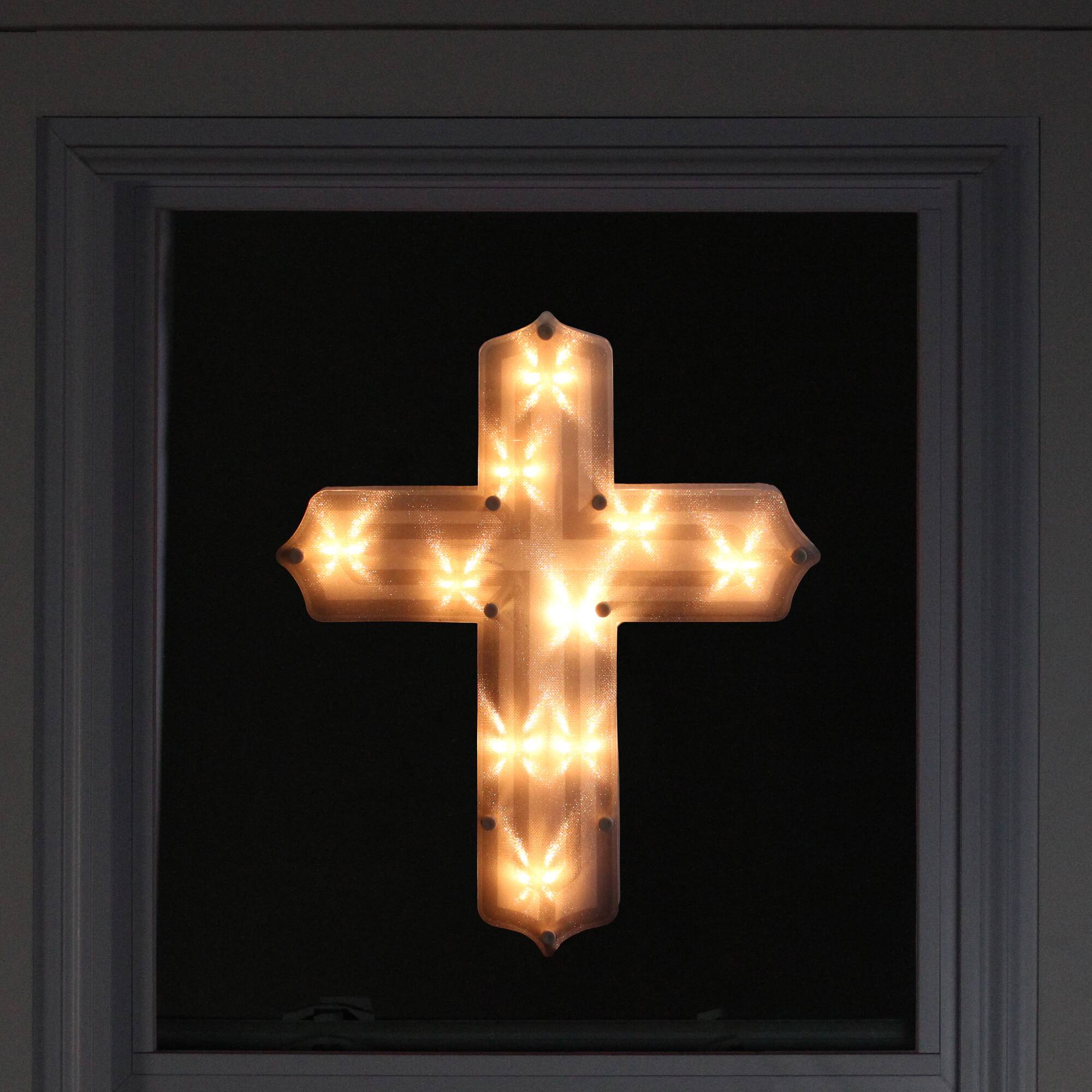 14" White Lighted Religious Cross Easter Window Silhouette Decoration