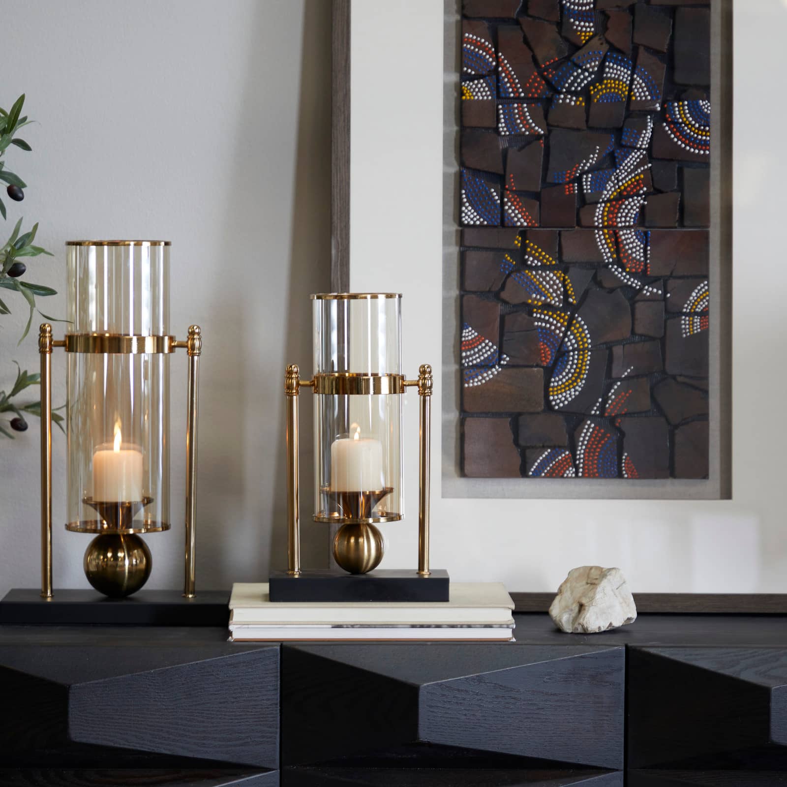 CosmoLiving by Cosmopolitan 13" Gold Metal Pillar Hurricane Lamp with Metal Stand