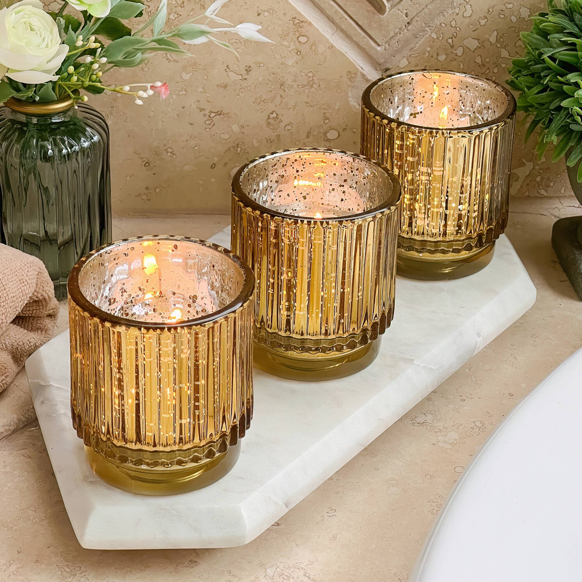 Kate Aspen&#xAE; Gold Vintage Ribbed Glass Tealight Votive Candle Holder Set