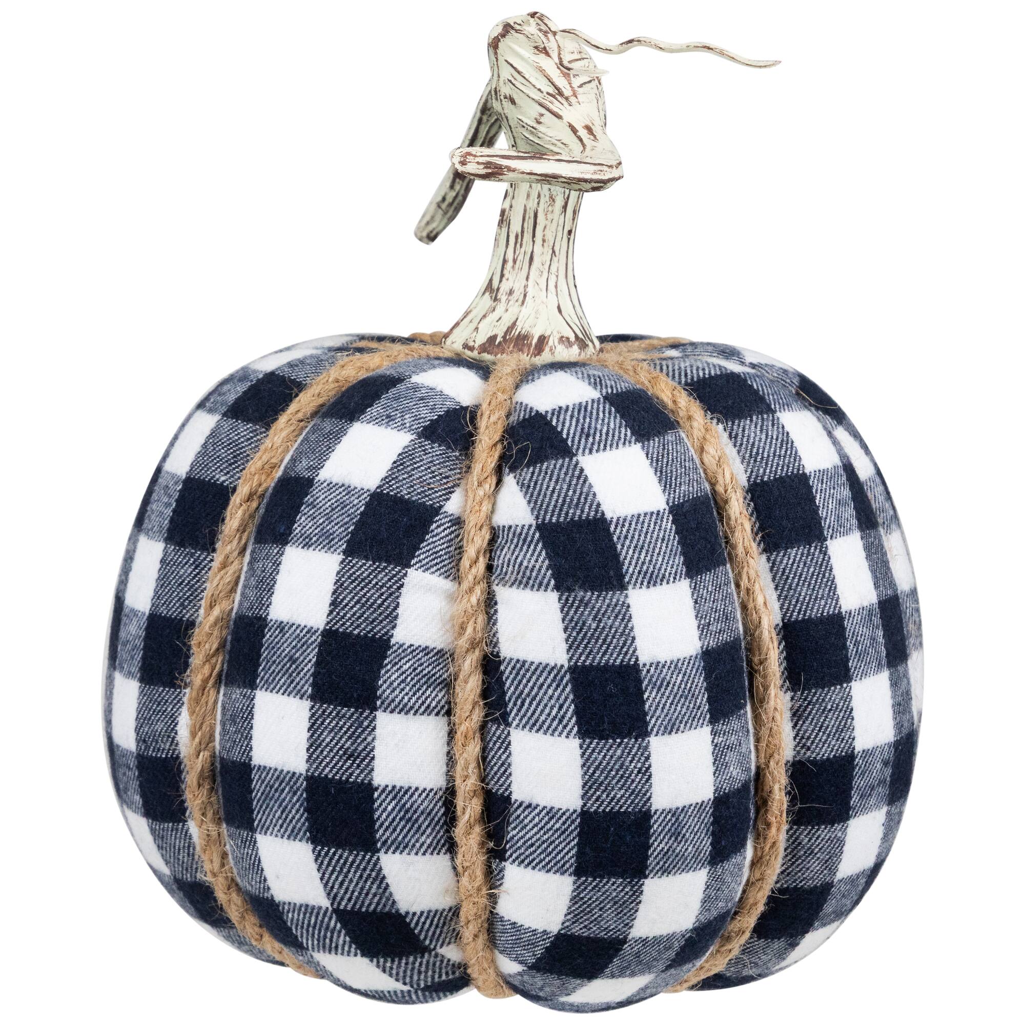 Dark Blue & White Plaid Fall Harvest Tabletop Pumpkin