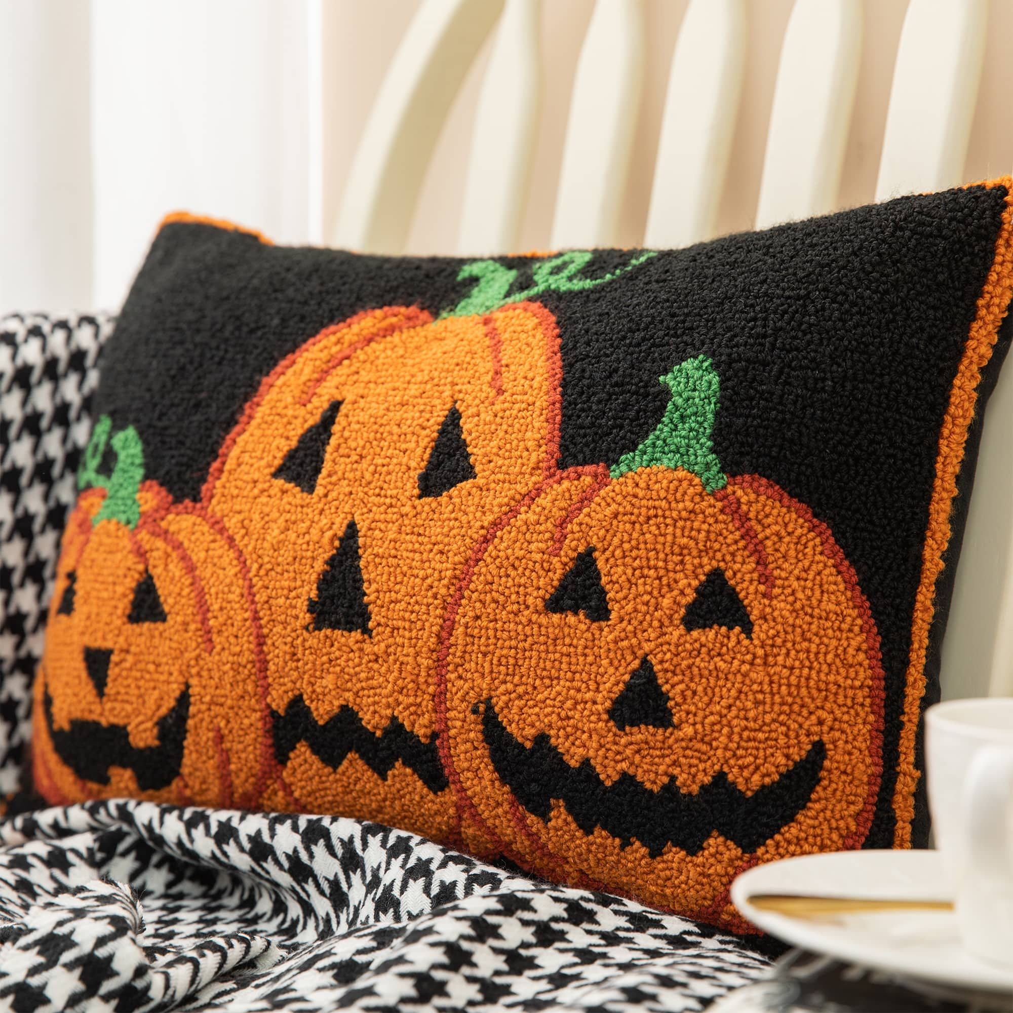 Glitzhome&#xAE; 18&#x22; x 12&#x22; Hooked Halloween Pumpkins Pillow