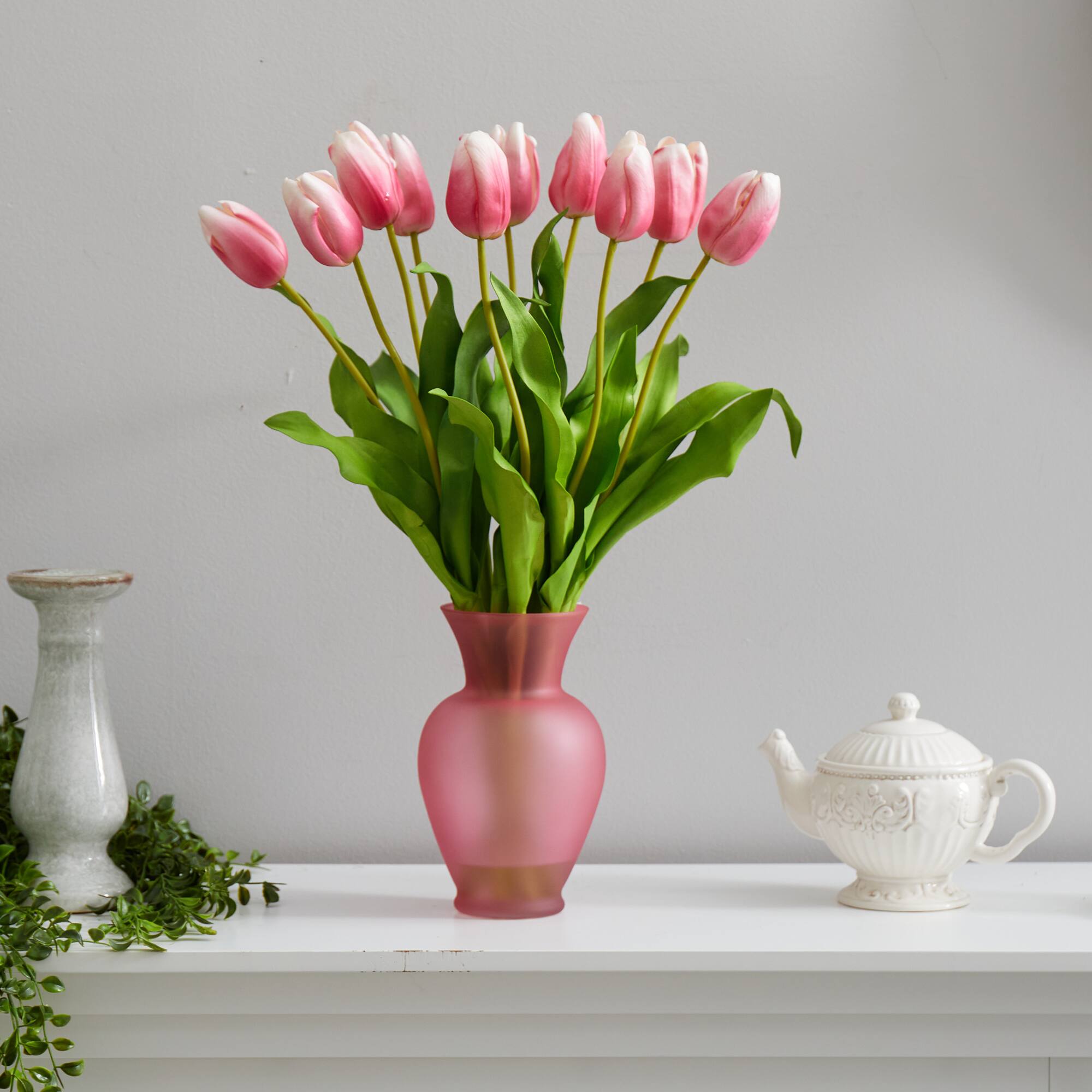 22" Mauve Dutch Tulip Arrangement in Rose Vase