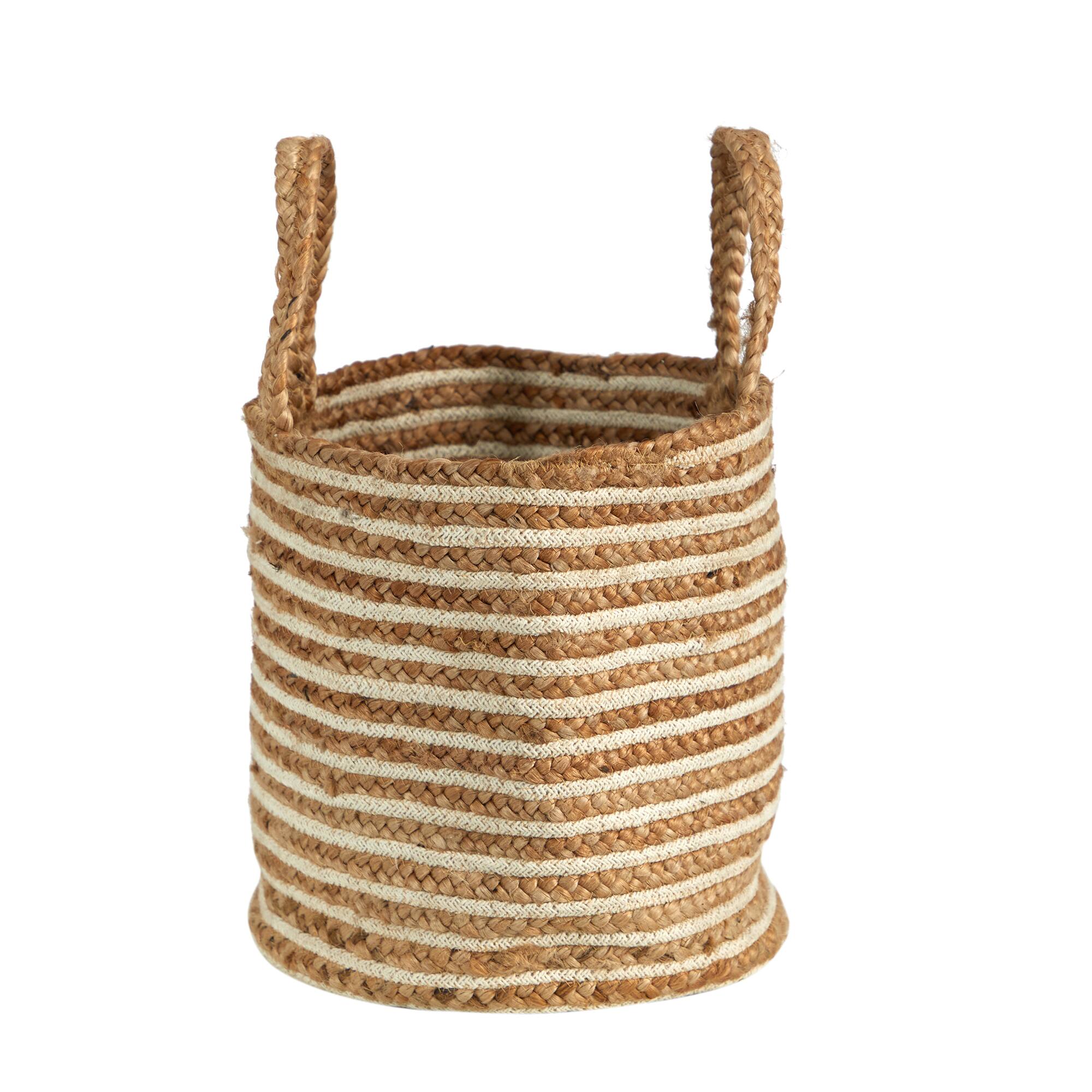 14'' Handwoven Stripe Natural Cotton and Jute Boho Chic Basket Planter