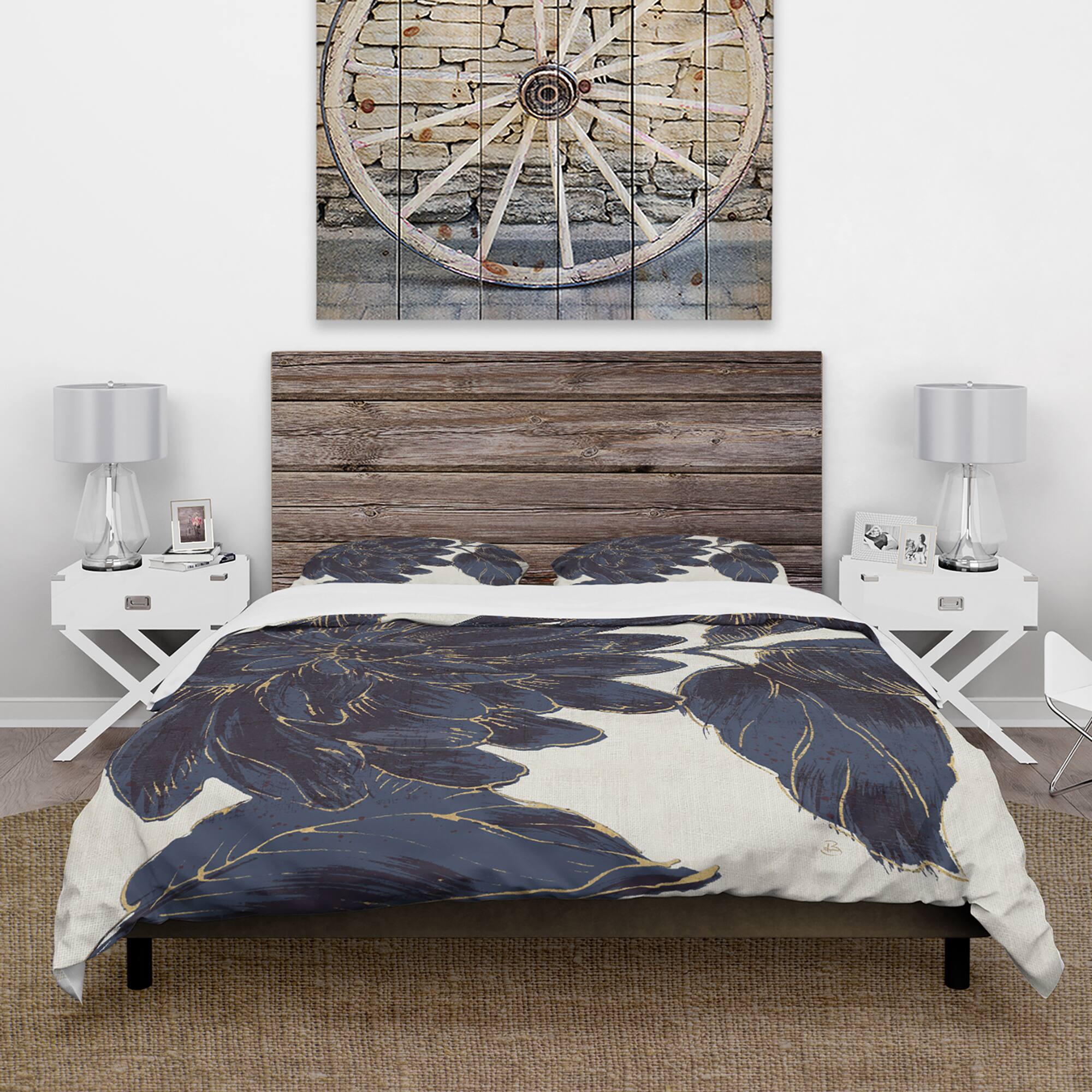 Designart 'Indigo Gold Metallic Flower' Farmhouse Bedding Set