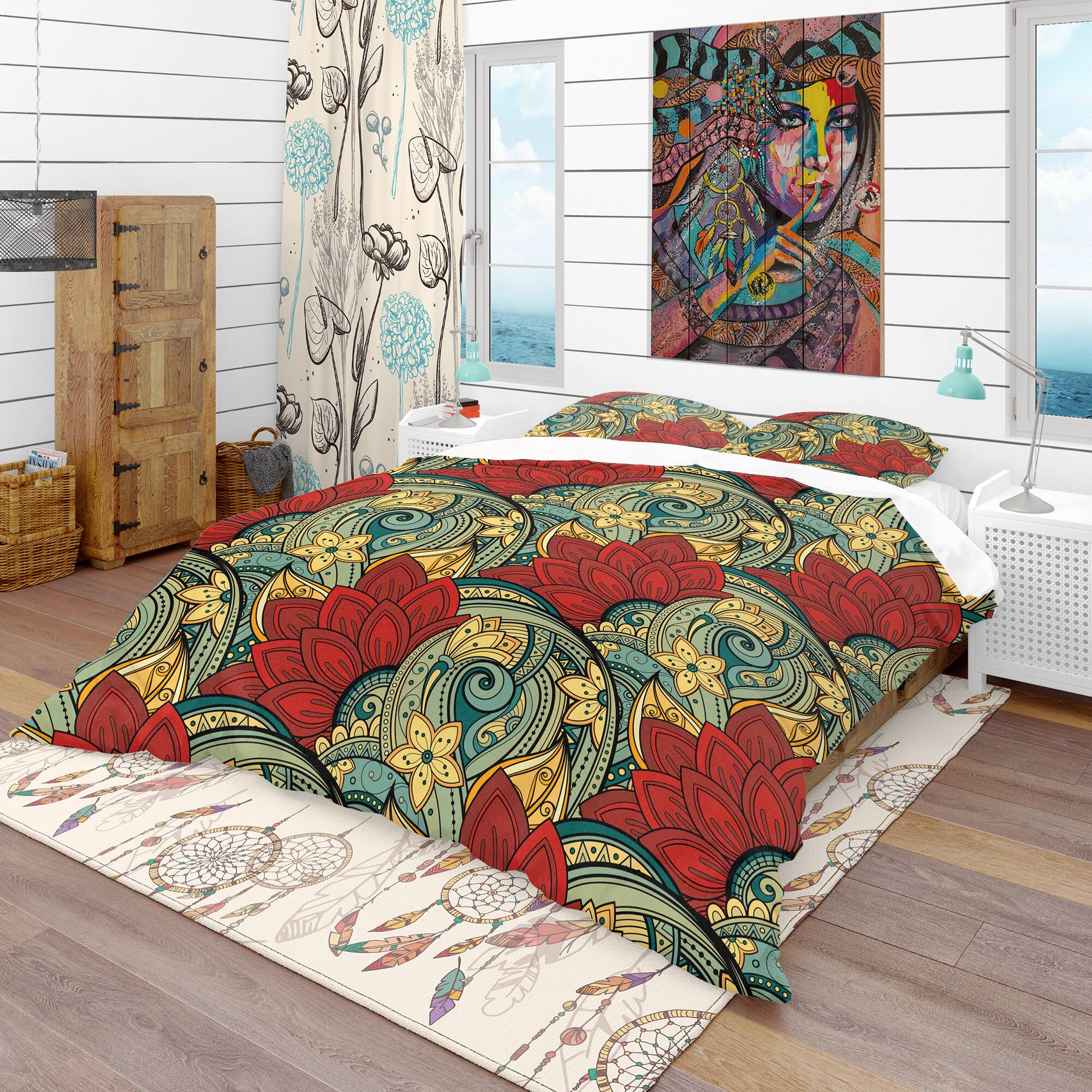 Designart &#x27;Colorful Floral Pattern&#x27; Bohemian &#x26; Eclectic Bedding Set - Duvet Cover &#x26; Shams