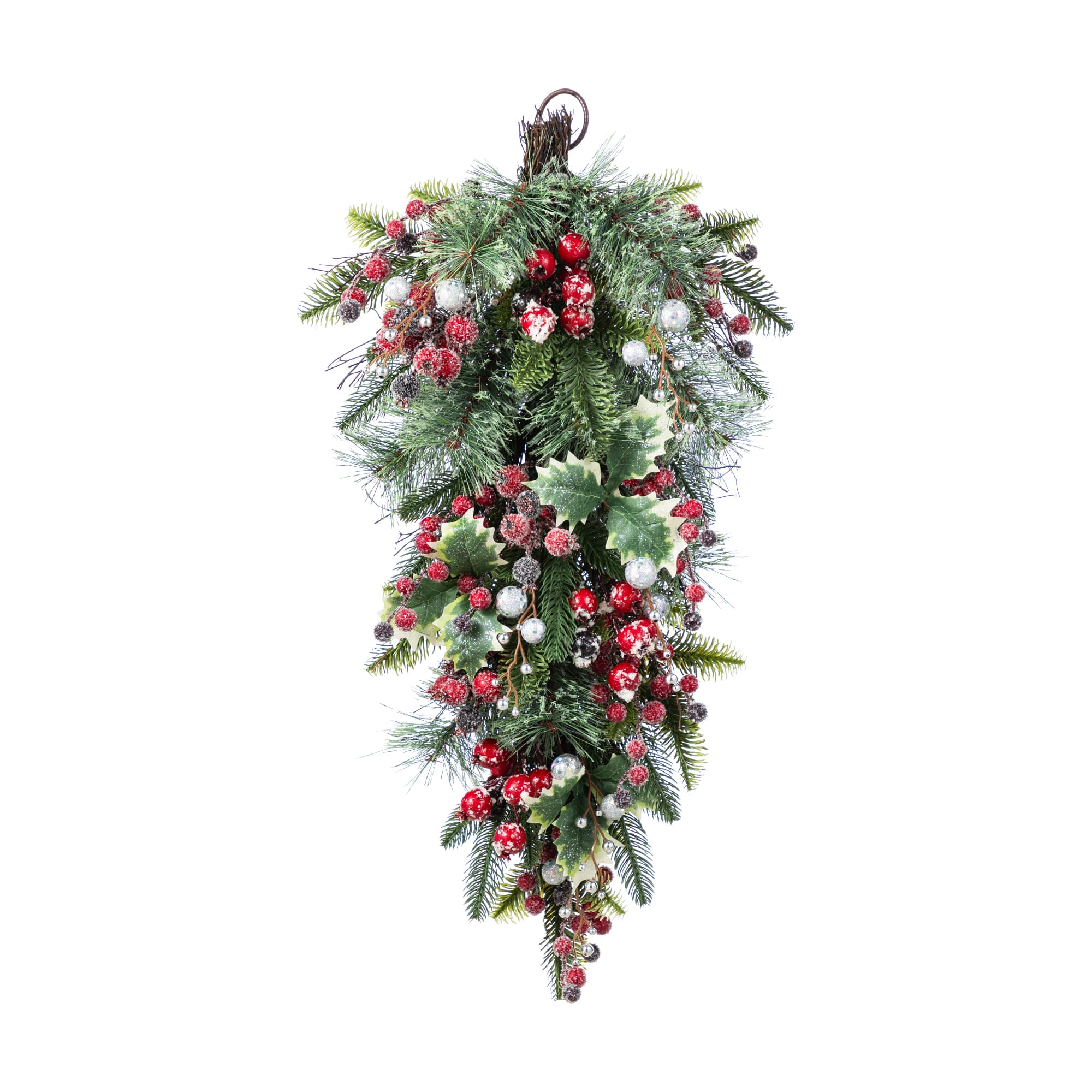 Glitzhome&#xAE; 28&#x22;H Christmas Red Pomegranate Berry &#x26; Holy Leaf Teardrop