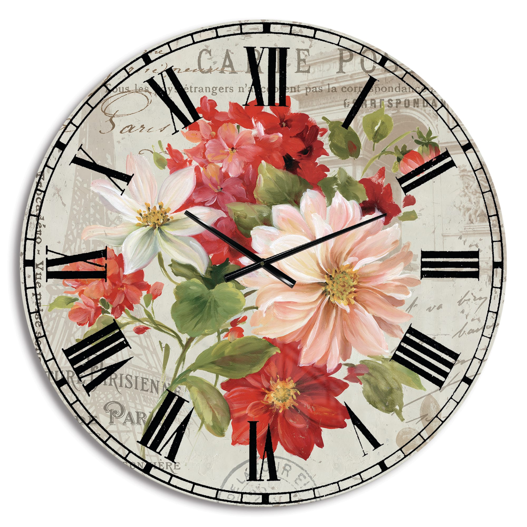 Designart &#x27;Red Painted Flowers On Vintage Postcard Ii Farmhouse Wall Clock