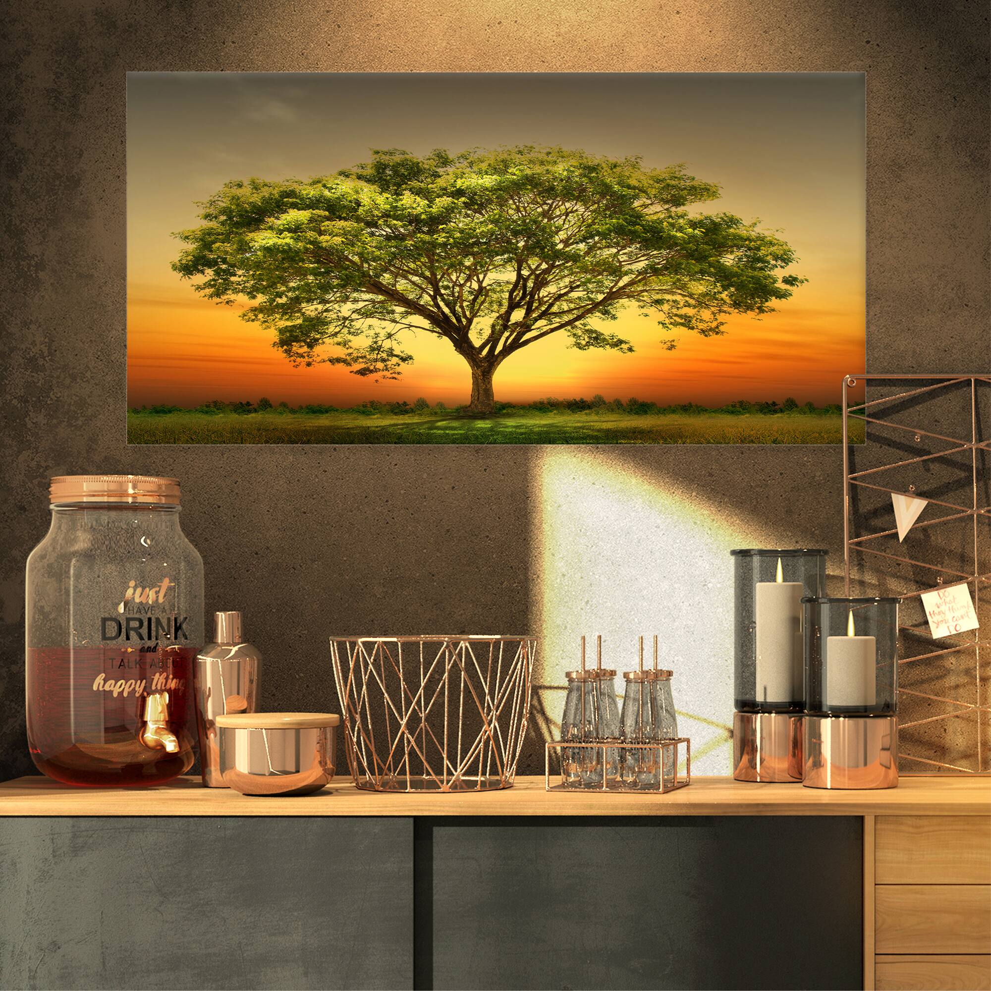 Designart - Green Tree against Setting Sun - Trees Canvas Art Print