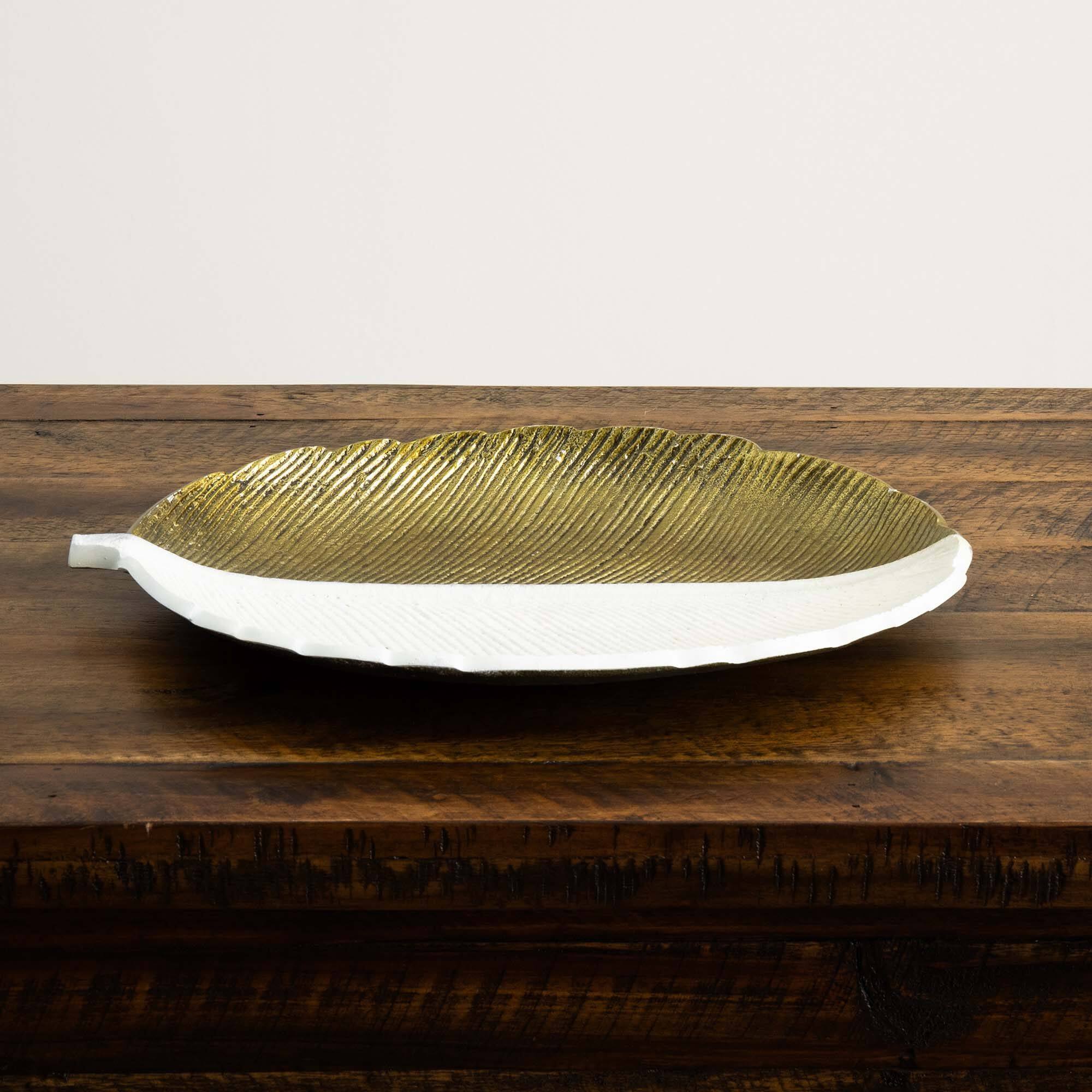 14&#x22; Gold &#x26; White Leaf Decorative Accent Tray