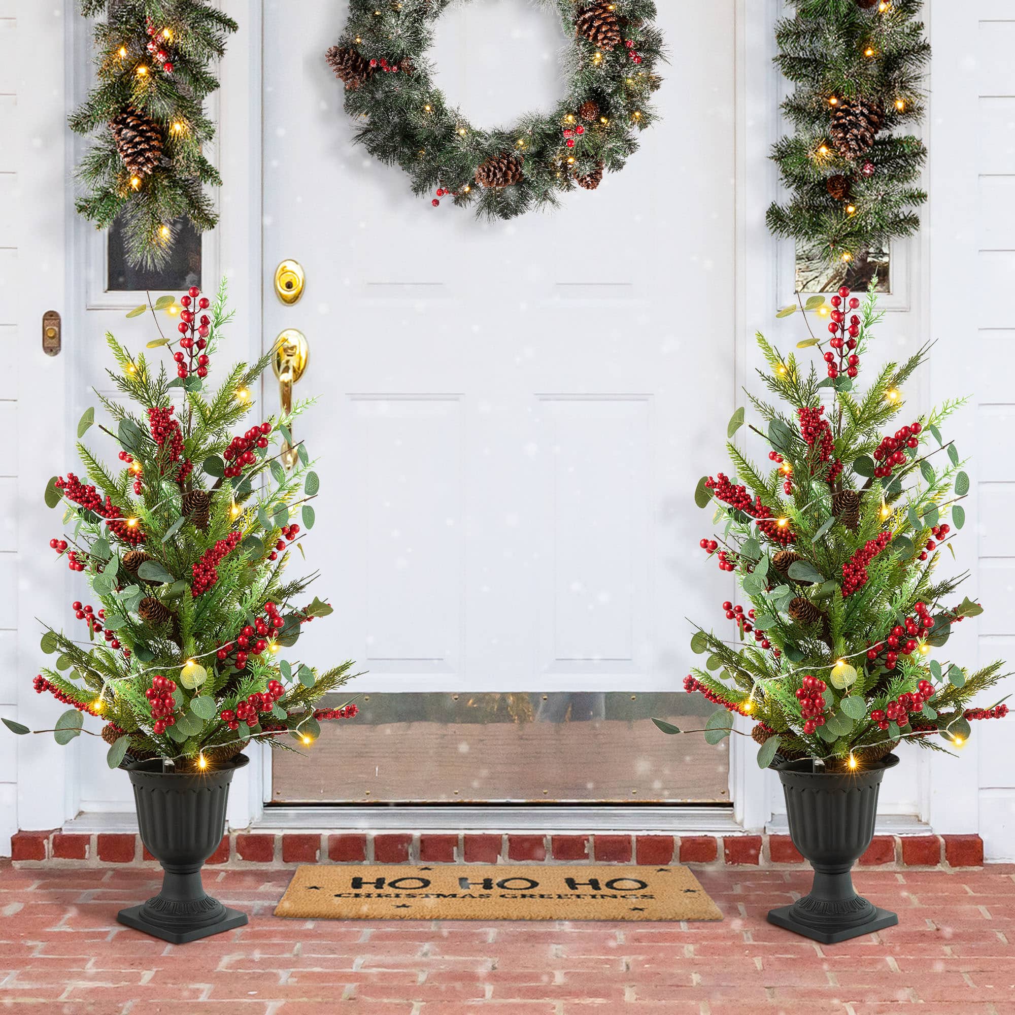 3ft. Pre-Lit Pine Needle &#x26; Eucalyptus Leaf Artificial Urn Christmas Porch Tree, Warm White LED Lights