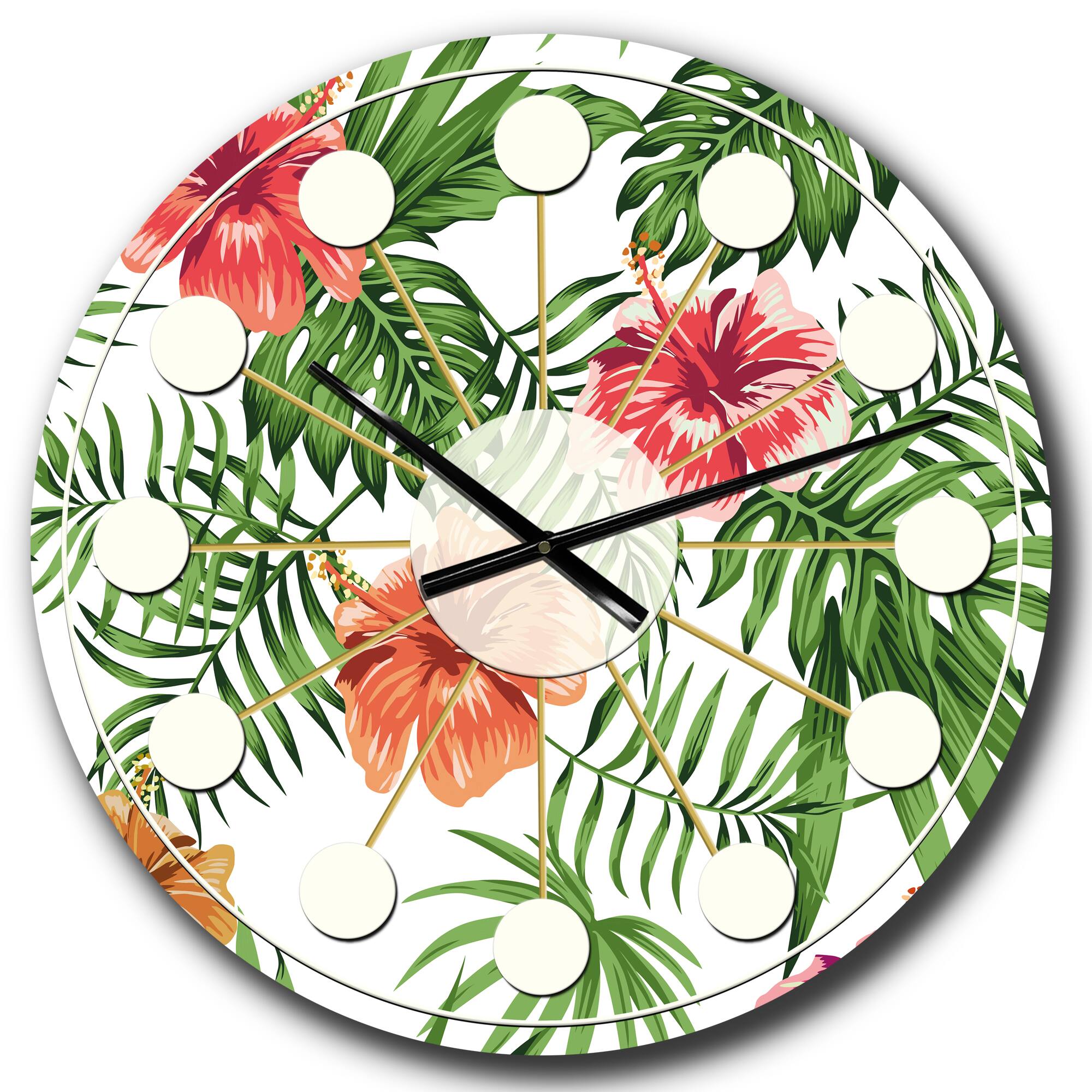 Designart 'Tropical Botanicals And Flowers Ii Mid-Century Modern Wall Clock