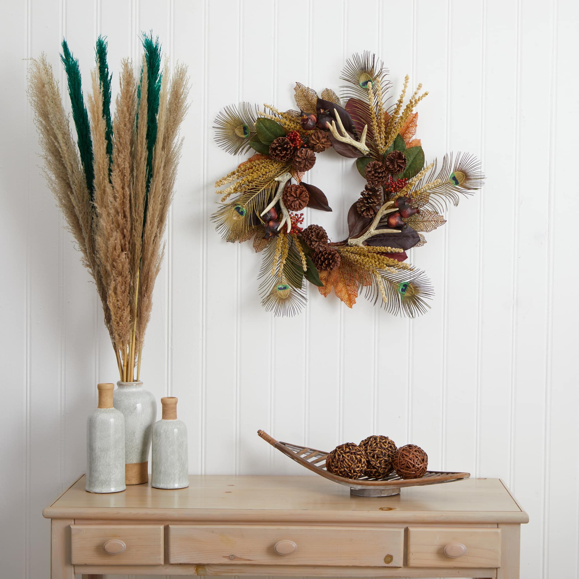 27" Magnolia Leaf, Berry, Antler & Peacock Feather Wreath