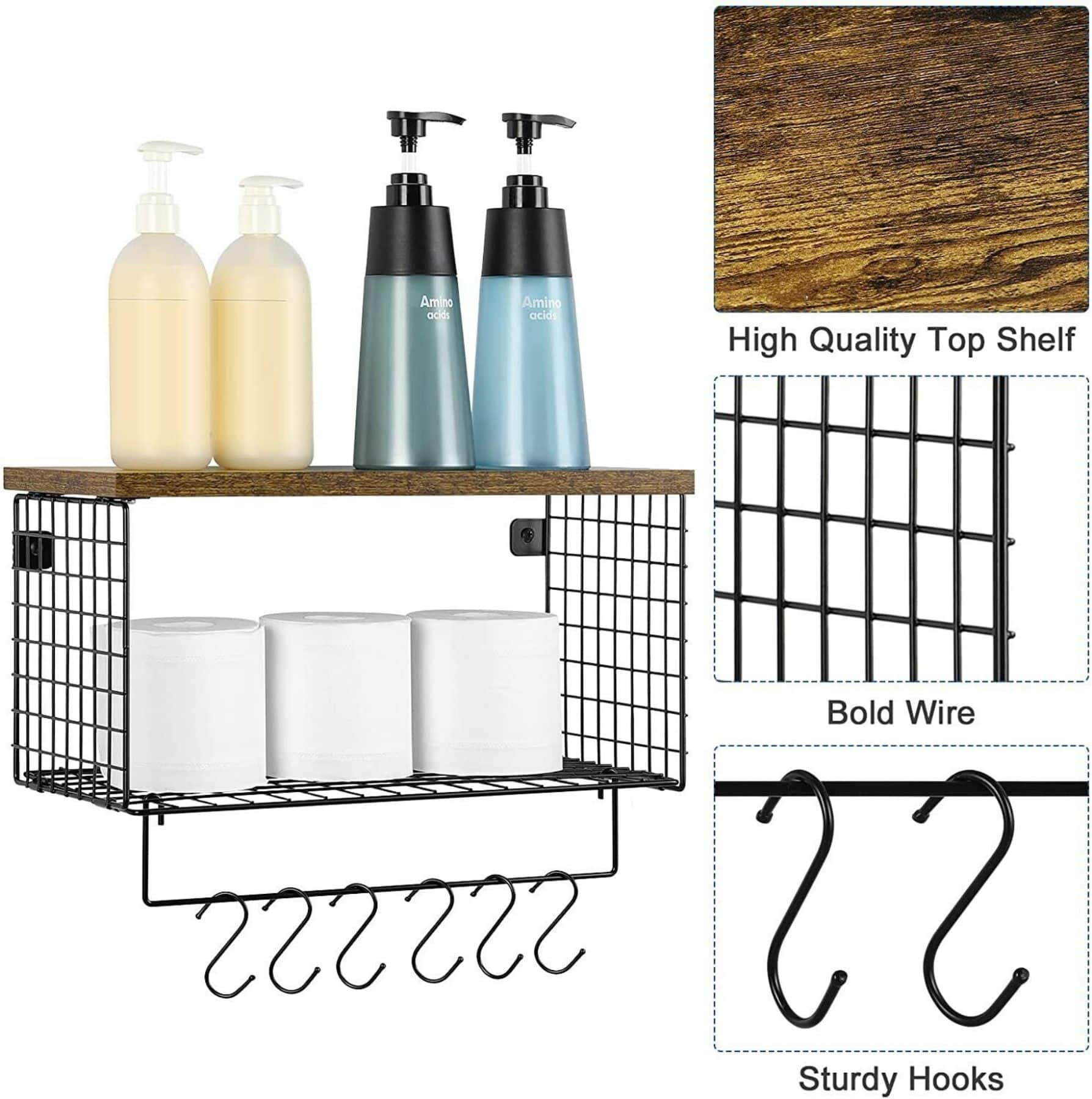 Wood & Metal Wall Mounted Bathroom Towel Rack with 6 Hooks