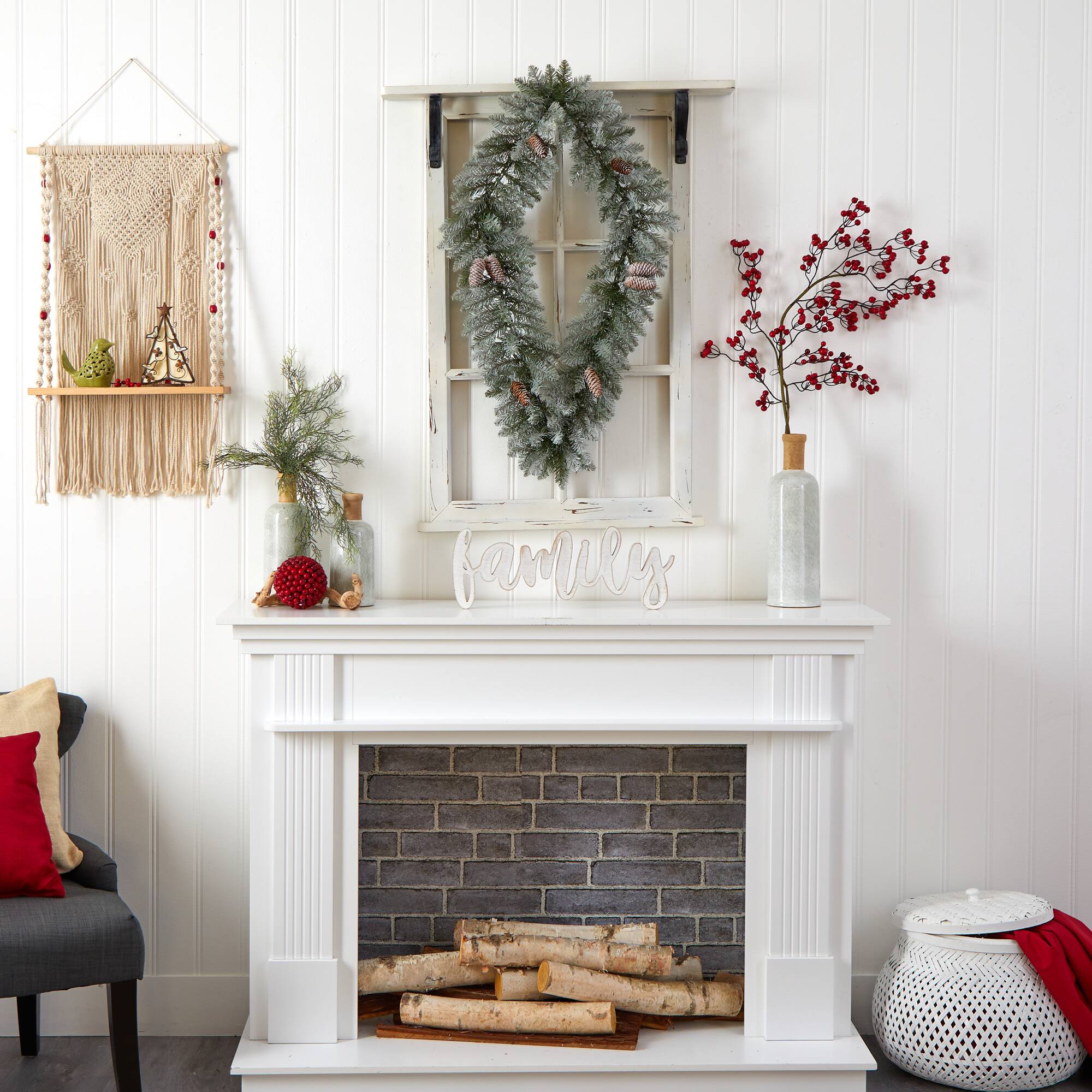 3ft. White LED Lights Geometric Diamond Christmas Frosted Wreath With Pinecones