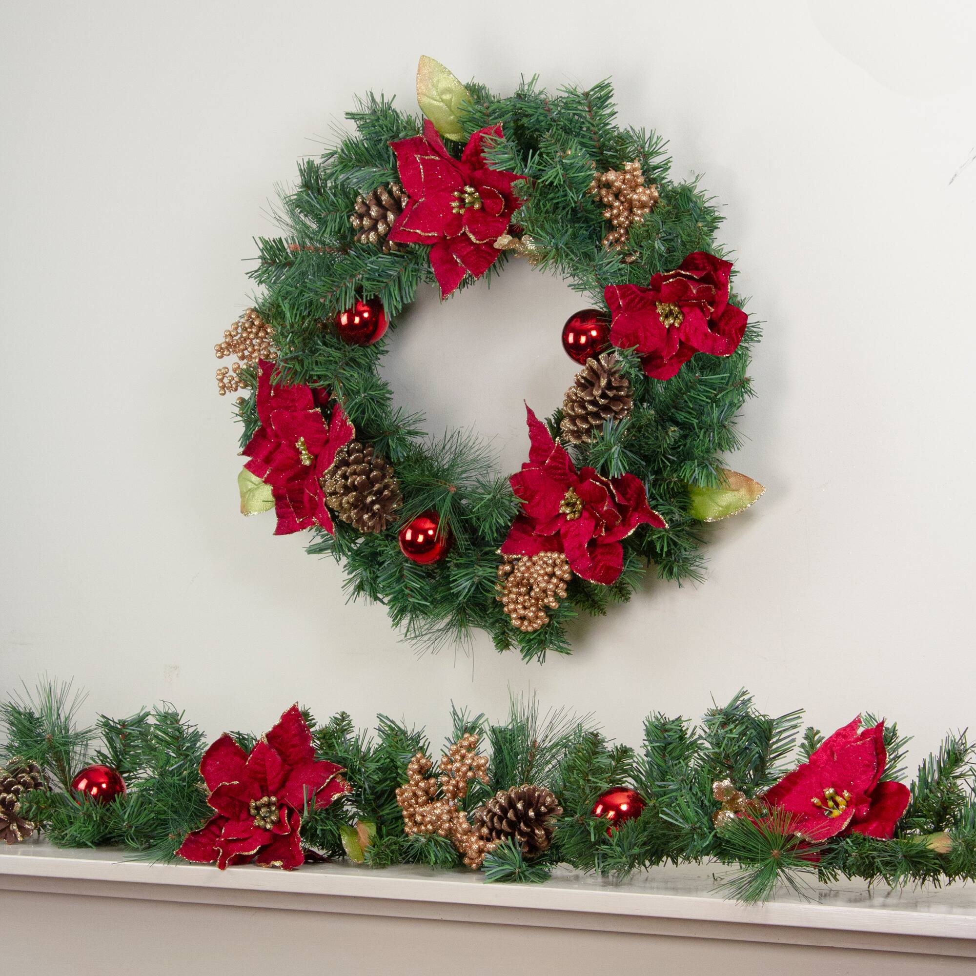 Red Balls &#x26; Poinsettias Gold Pine Cones with Berries Pine Garland, Unlit