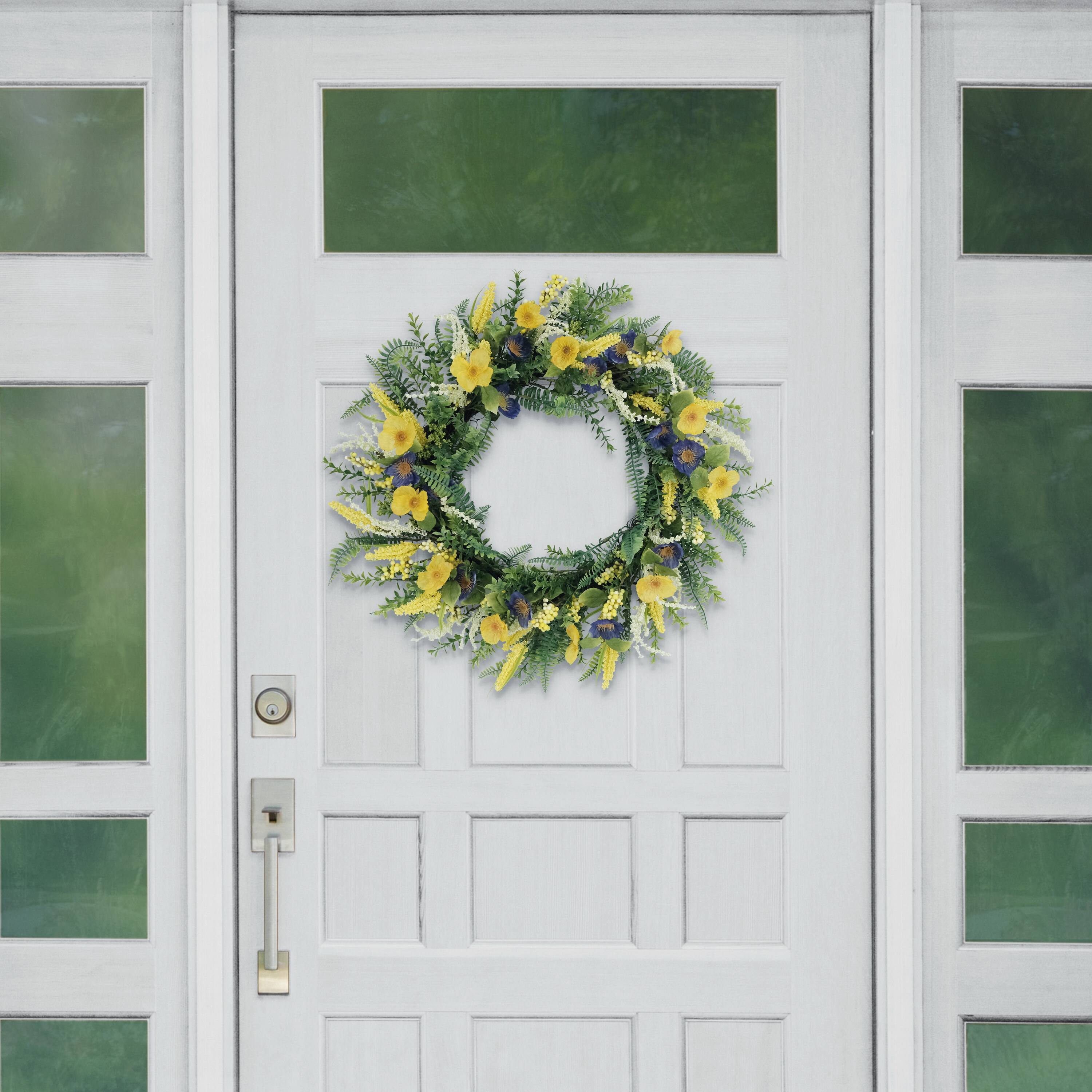 30&#x22; Yellow &#x26; Purple Poppy &#x26; Fern Floral Spring Wreath