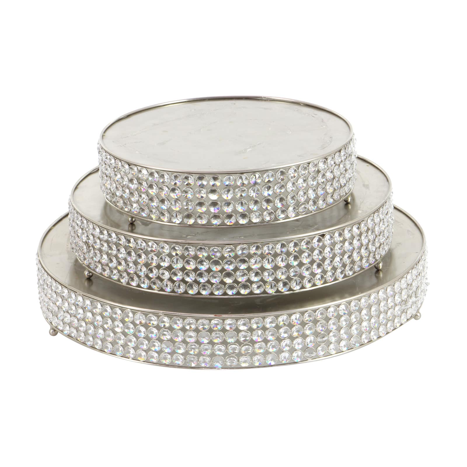 Glam Round Silver Metal and Glass Bead Cake Stand, Set of 3, 3&#x22;