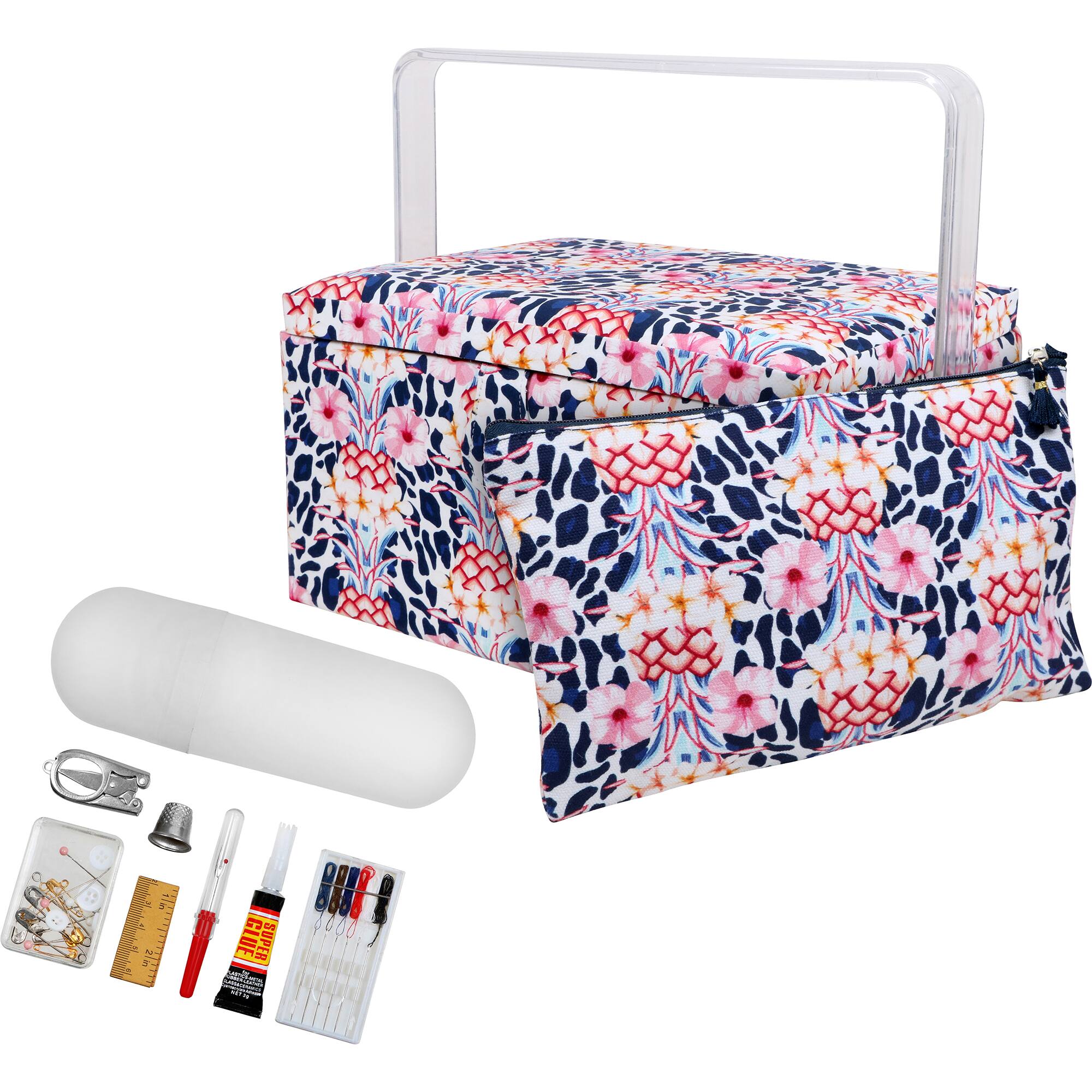 SINGER® Large Tropical Animal Print Premium Sewing Basket with Travel Sewing Kit