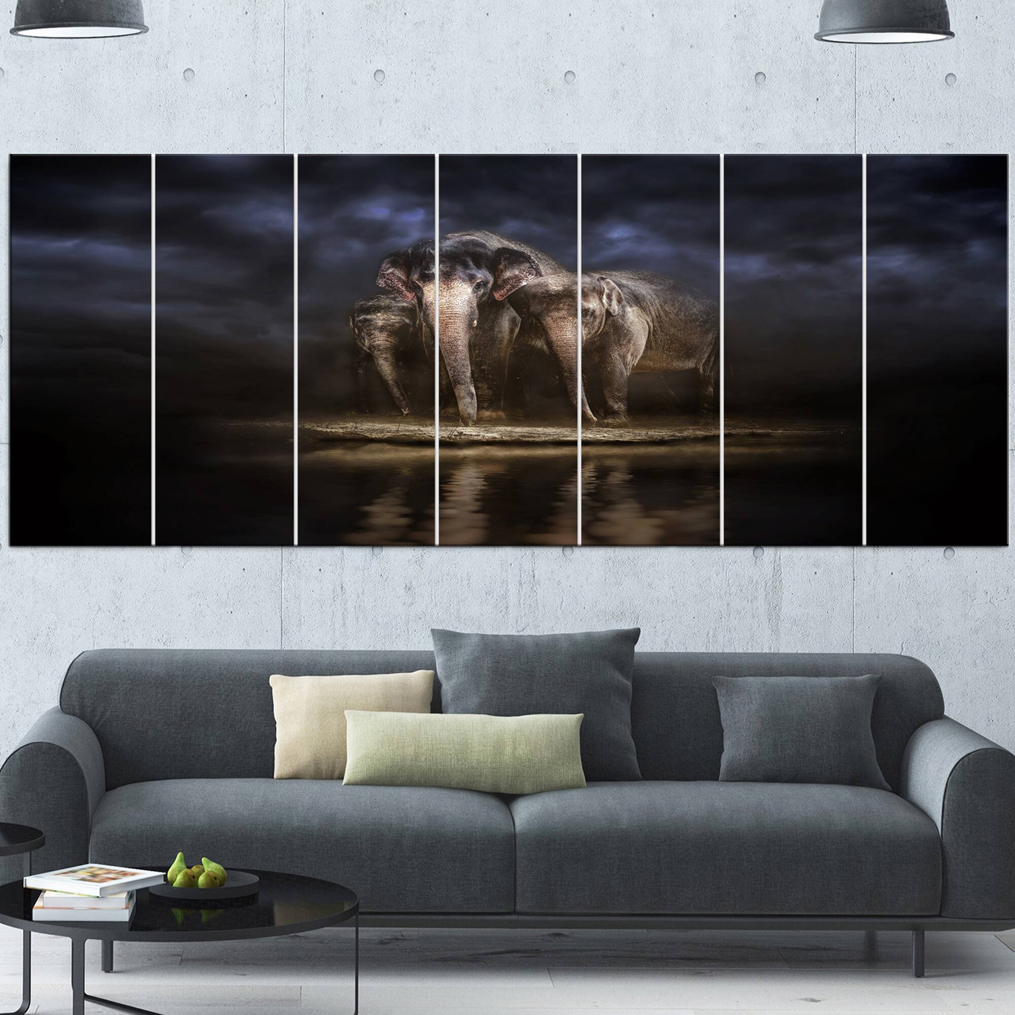 Designart - Elephants Watering in the River - Animal Canvas Wall Art