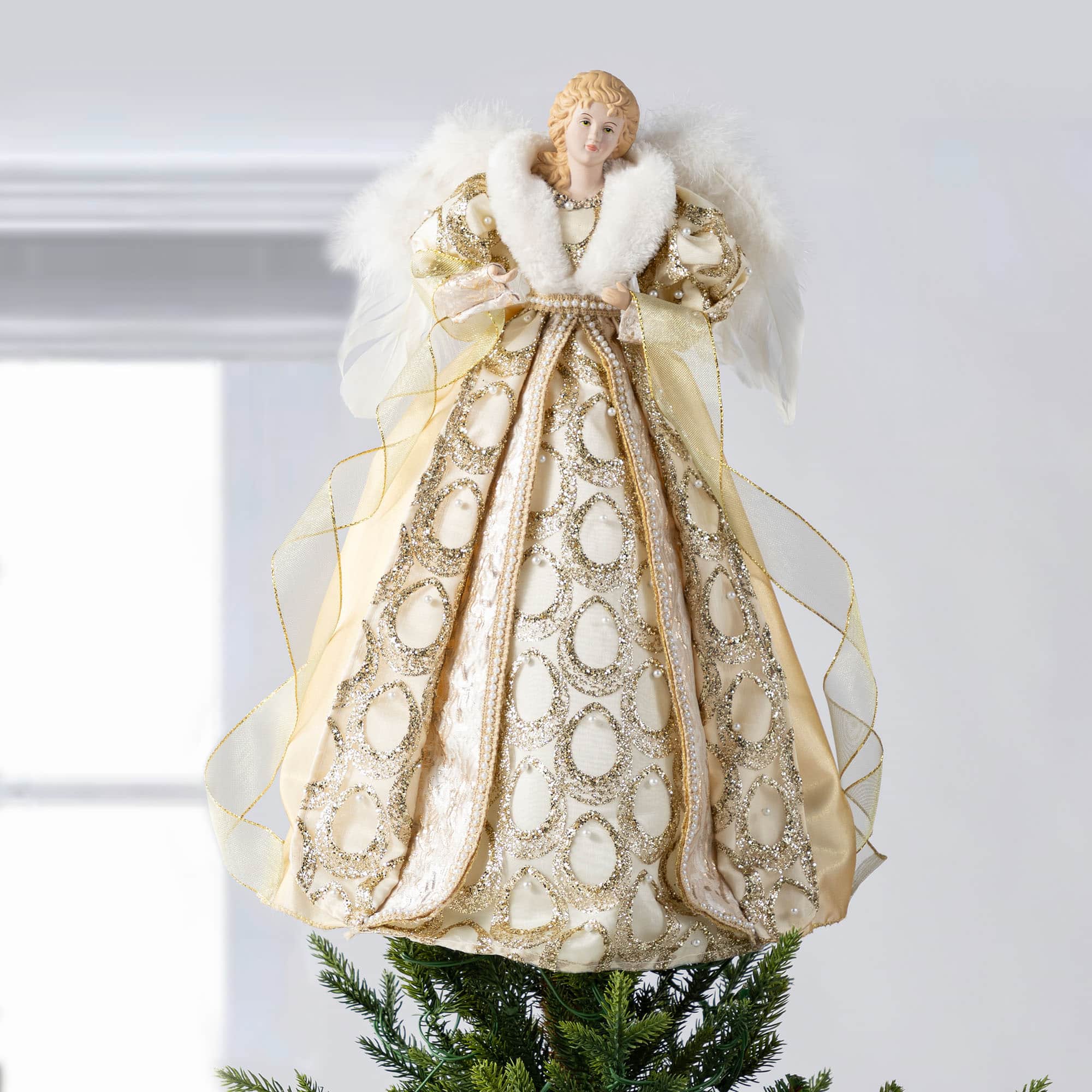 Glitzhome&#xAE; 18.5&#x22;H Faux Fur &#x26; PVC Christmas Elegant Angel Tree Topper with Porcelain Face