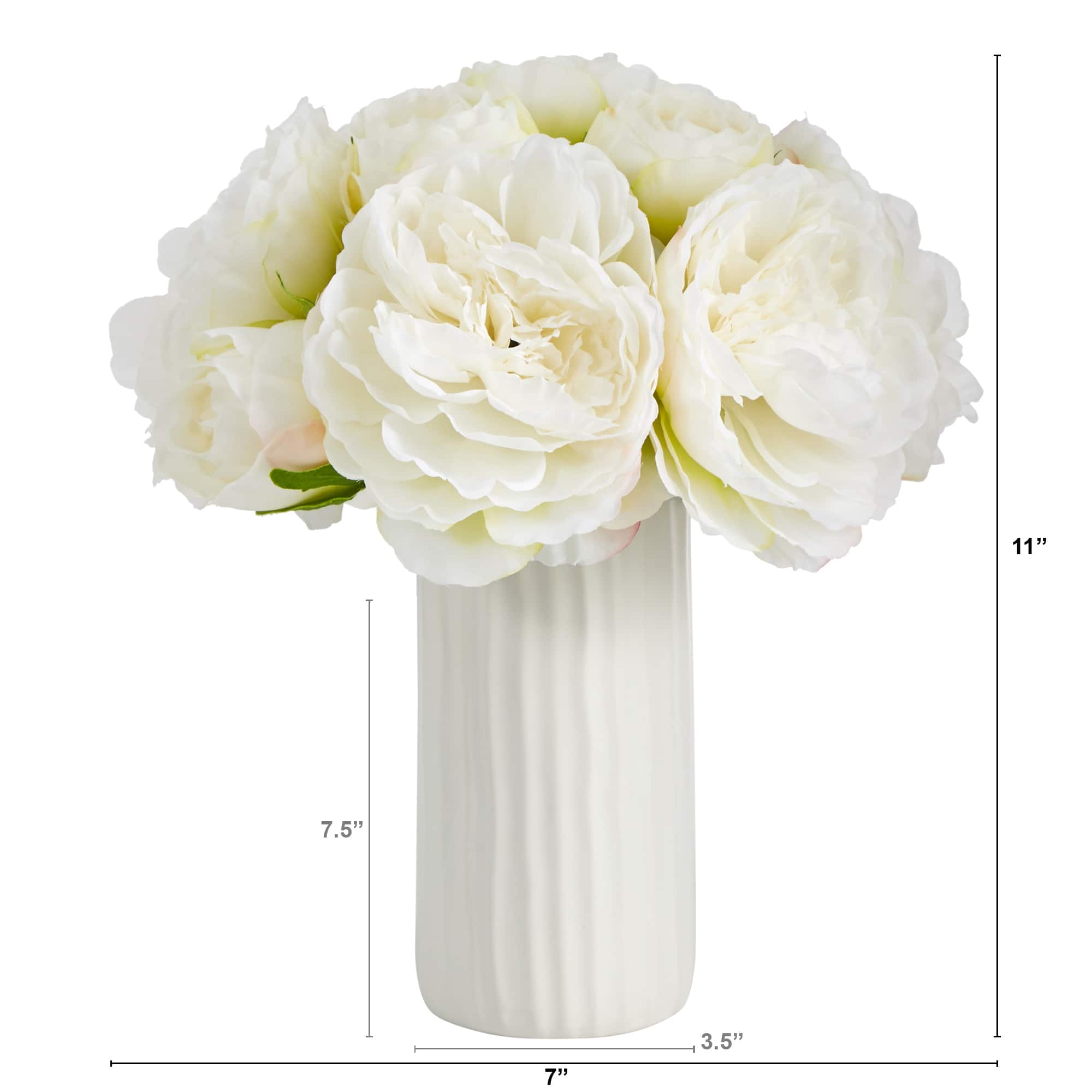 11" White Peony Arrangement in White Vase