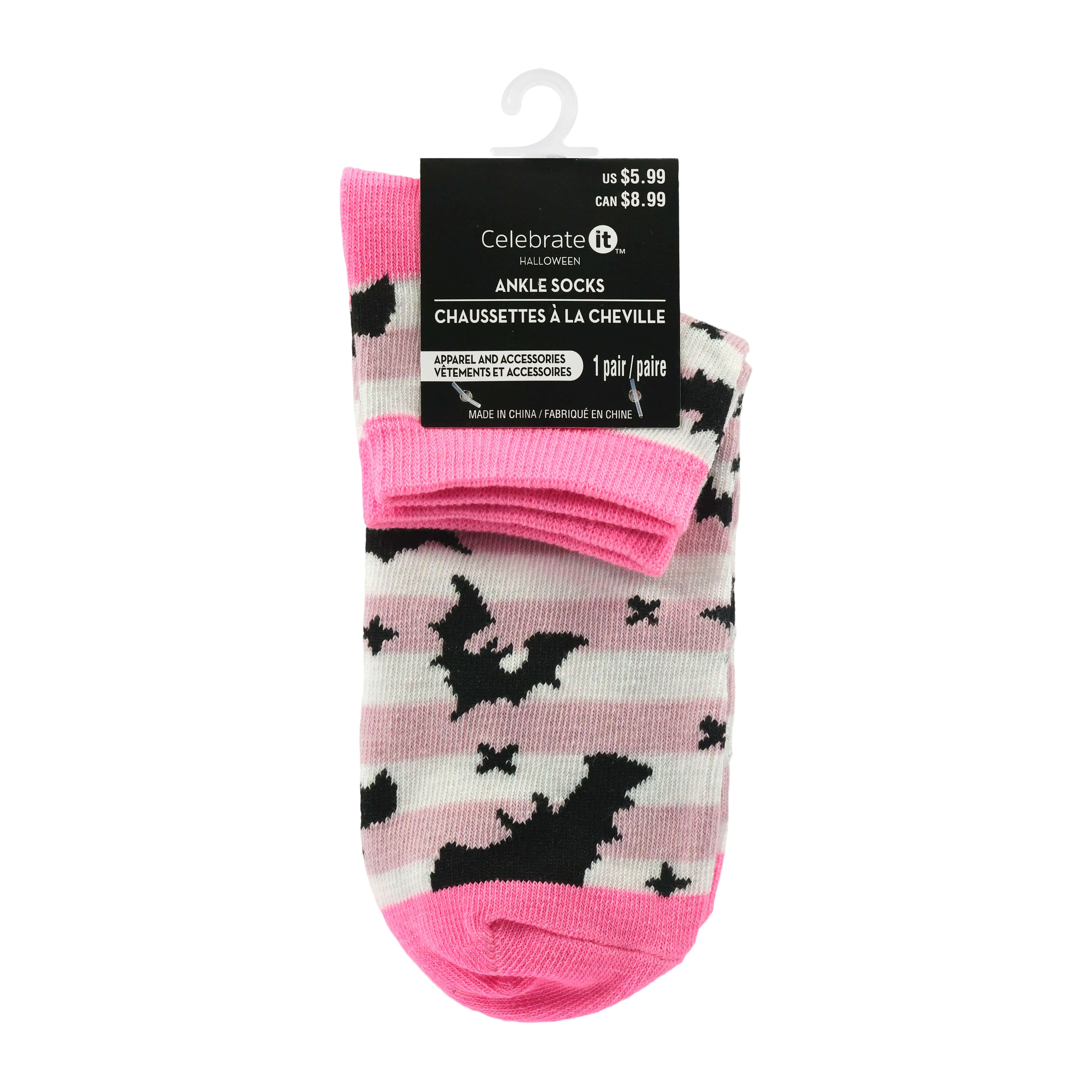 Pink &#x26; White Bat Ankle Socks by Celebrate It&#x2122;