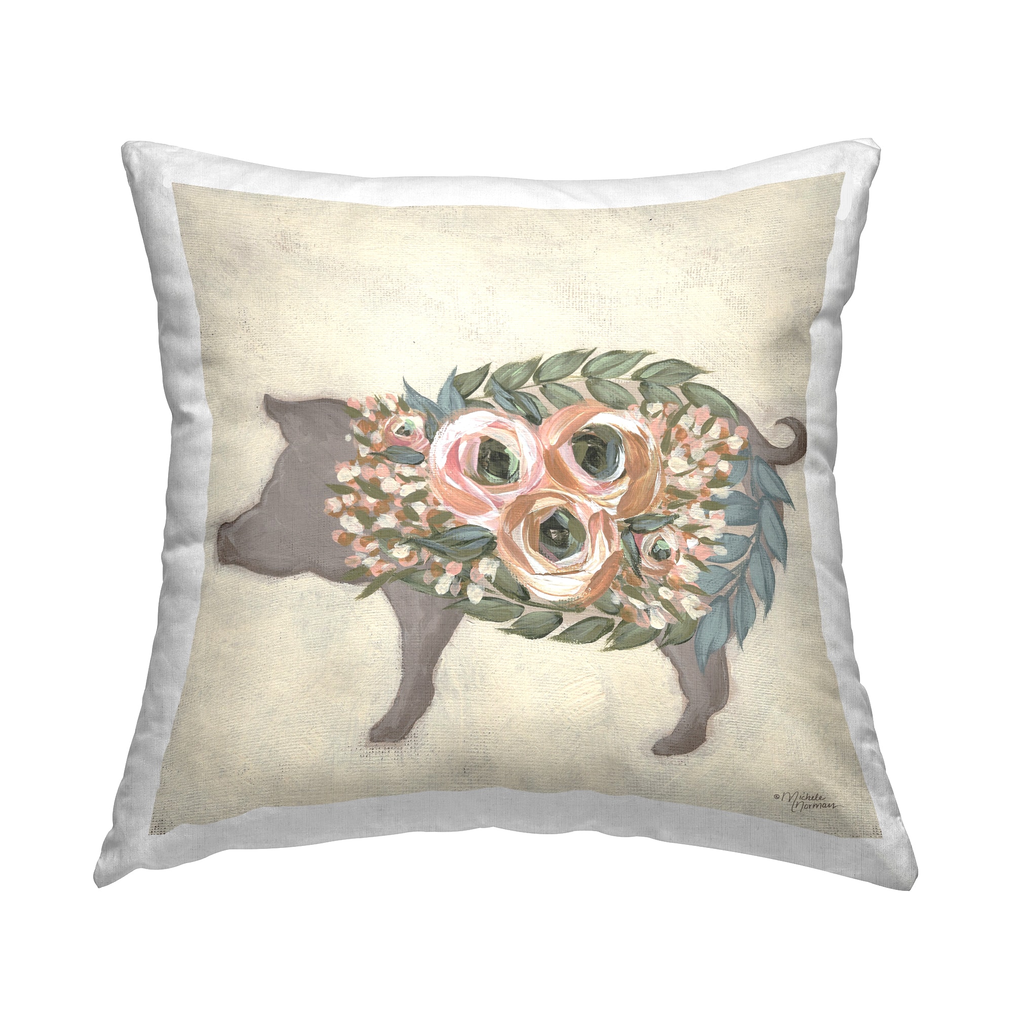 Stupell Industries Charming Farm Pig Green Pink Floral Body Throw Pillow 18" x 18"