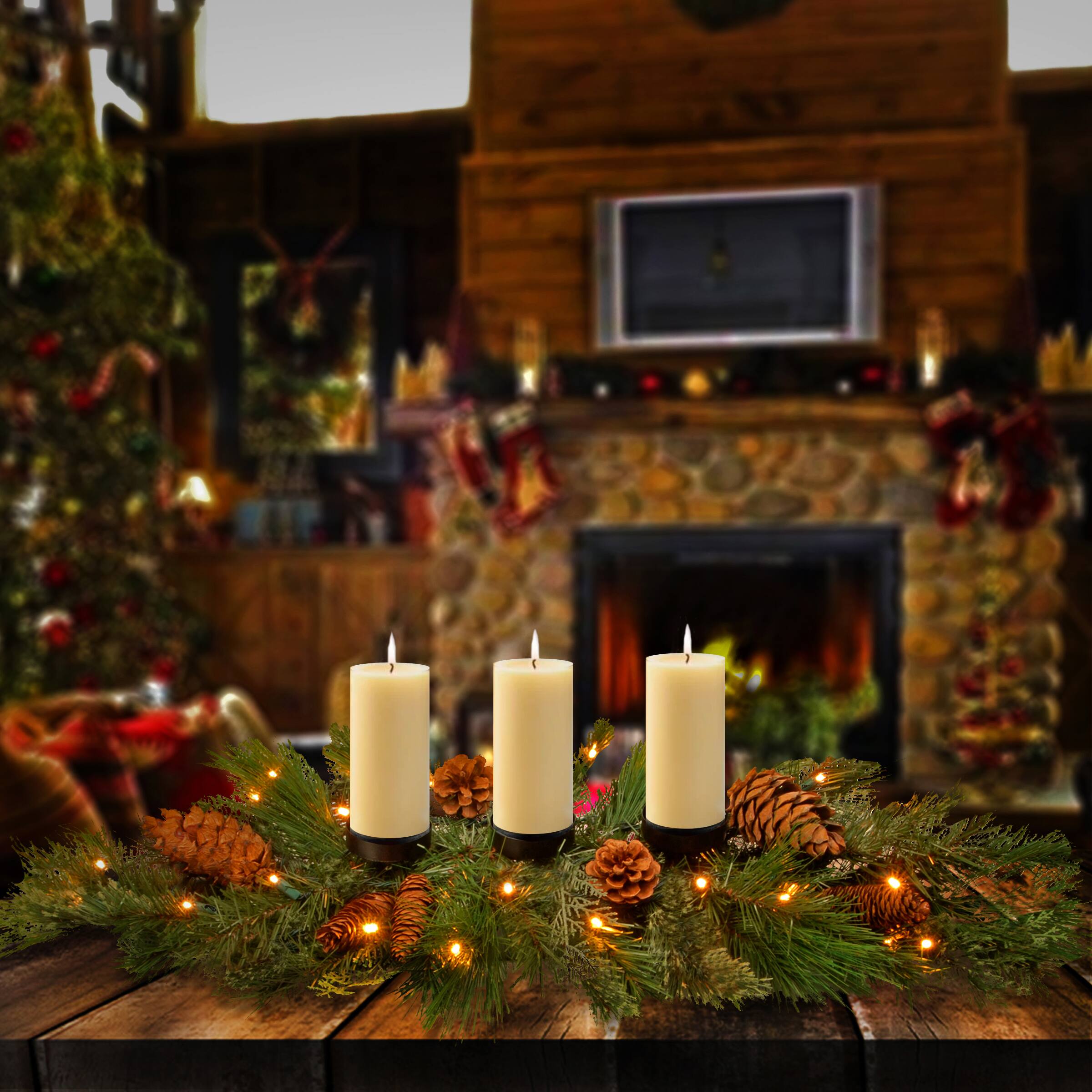 Decorative Collection Pre-Lit White Pine Triple Candle Holder Centerpiece, LED Lights