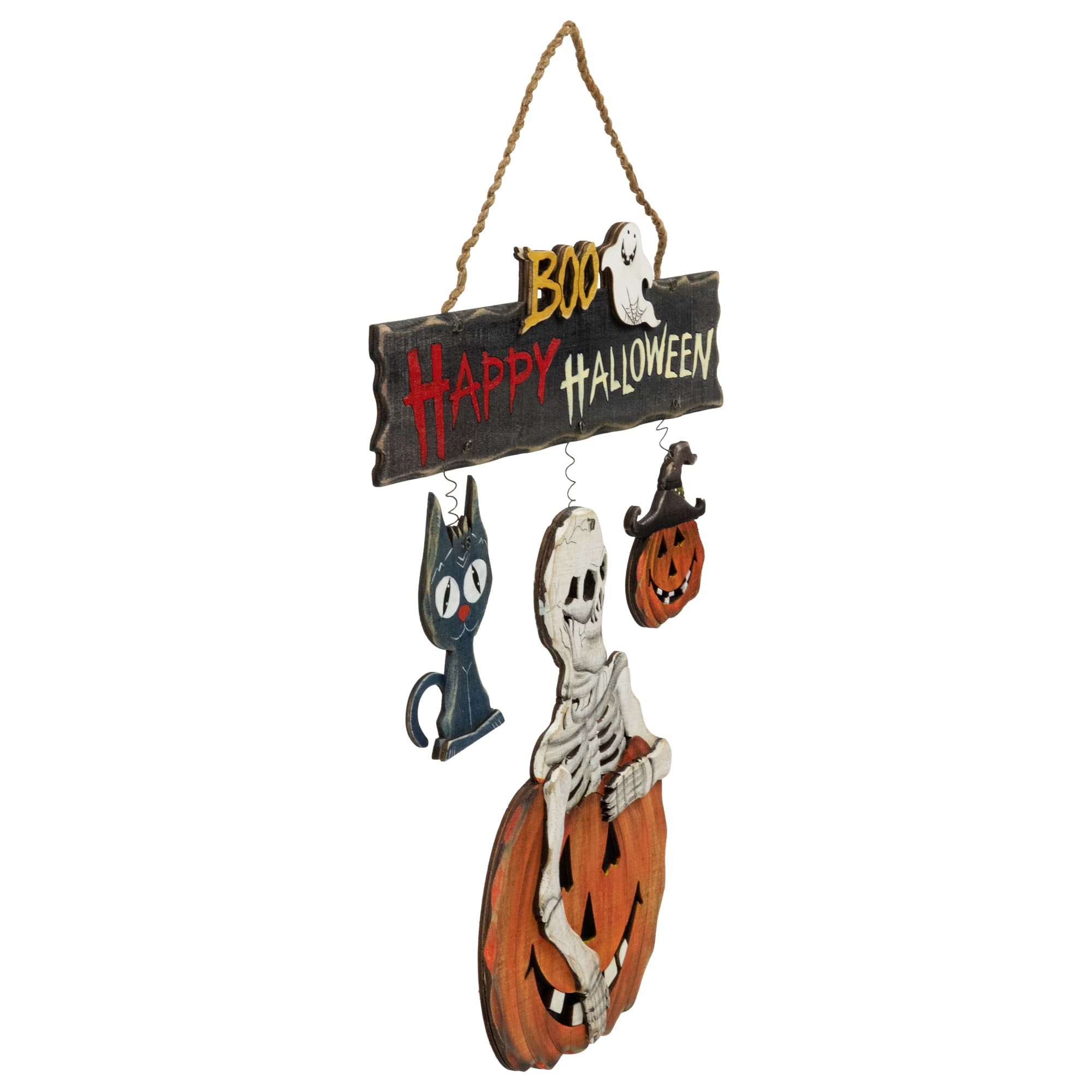 15&#x22; Skeleton with Jack-O-Lanterns &#x26; Black Cat Happy Halloween Hanging Sign