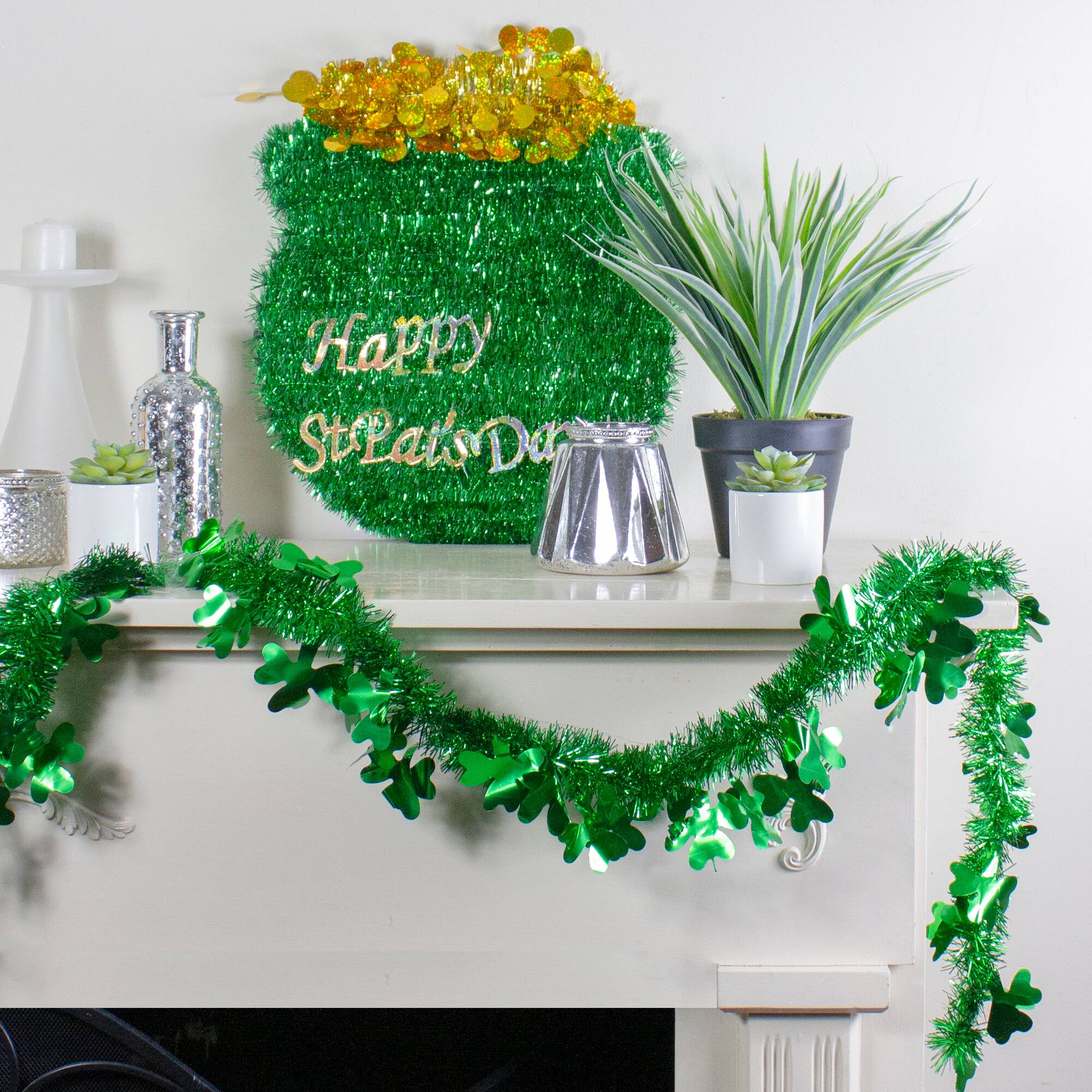 2ft. Green St. Patrick's Day Irish Shamrock Tinsel Unlit Garland