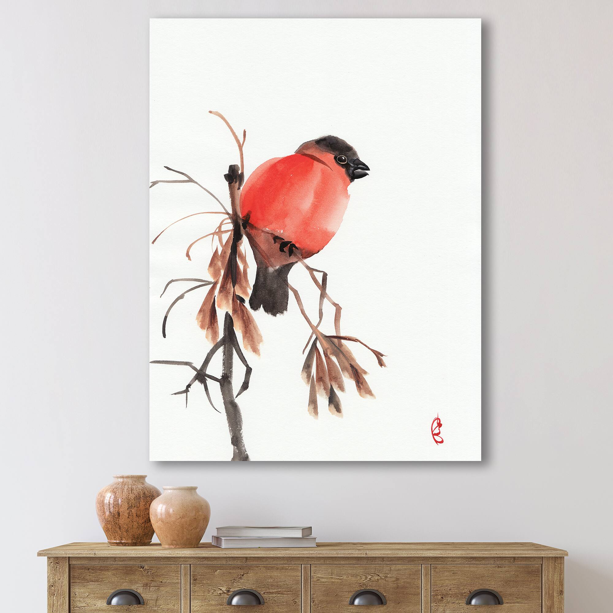 Designart - Red Bullfinch Bird On A Branch - Traditional Canvas Wall Art Print