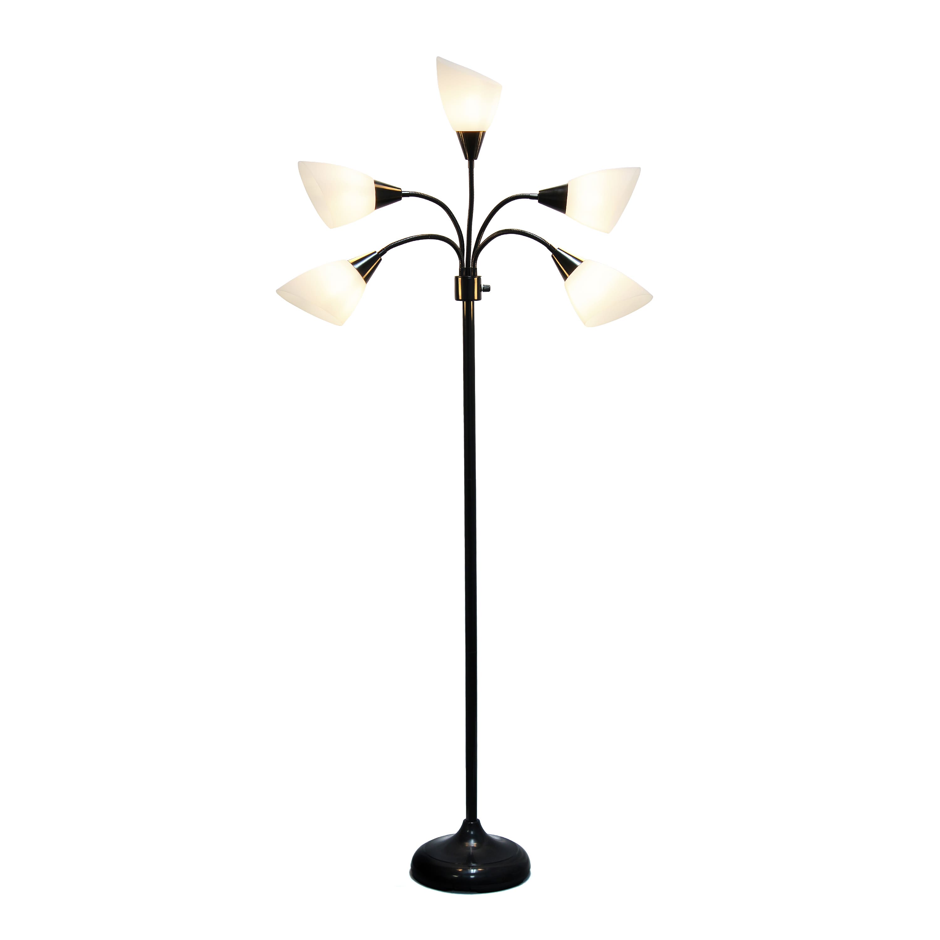 Simple Designs&#x2122; 5.5ft. 5-Light Gooseneck Black Floor Lamp with White Shades