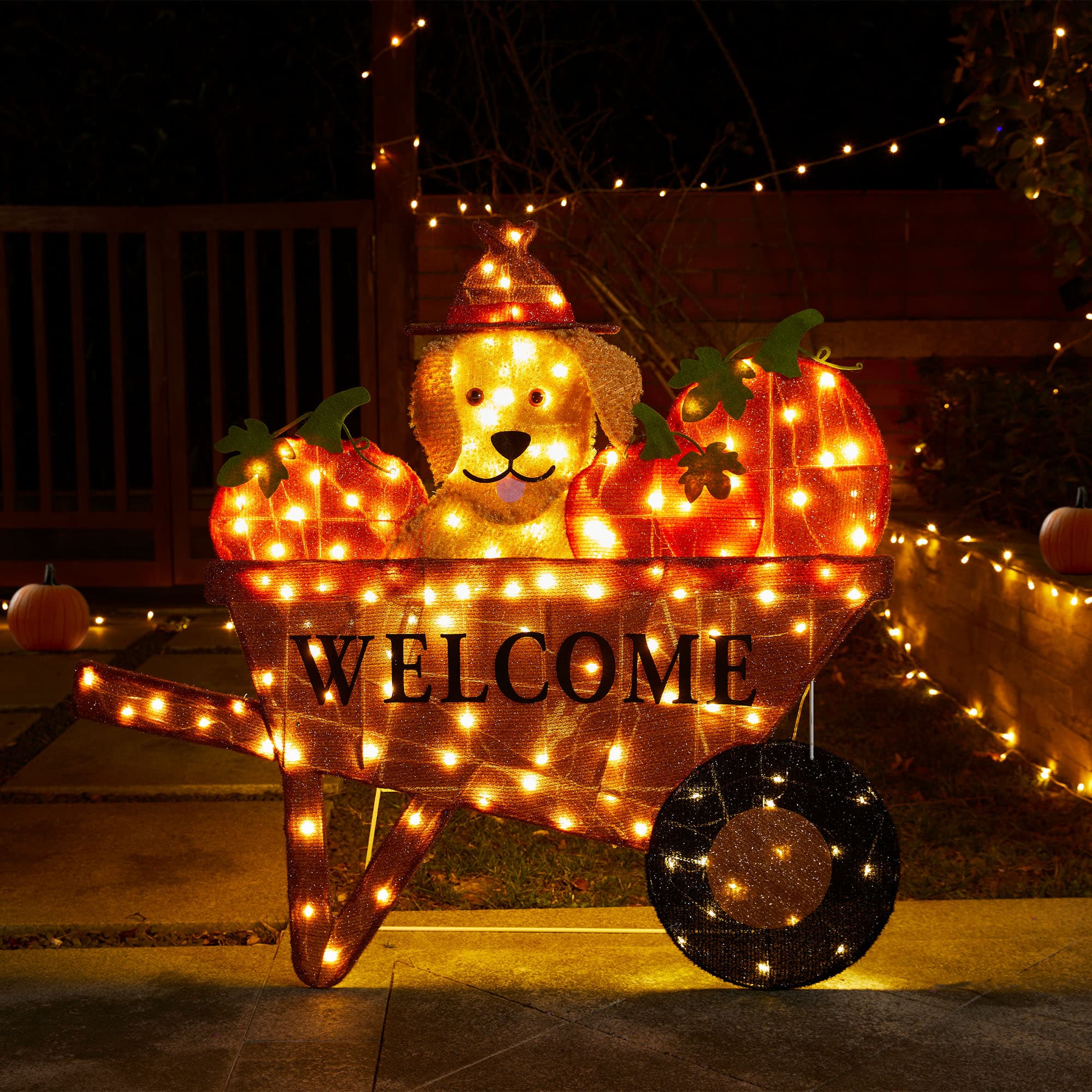 Glitzhome&#xAE; 36.25&#x22; Lighted Fall Pumpkin Wheel Barrow Outdoor Decor with Warm White LED Lights