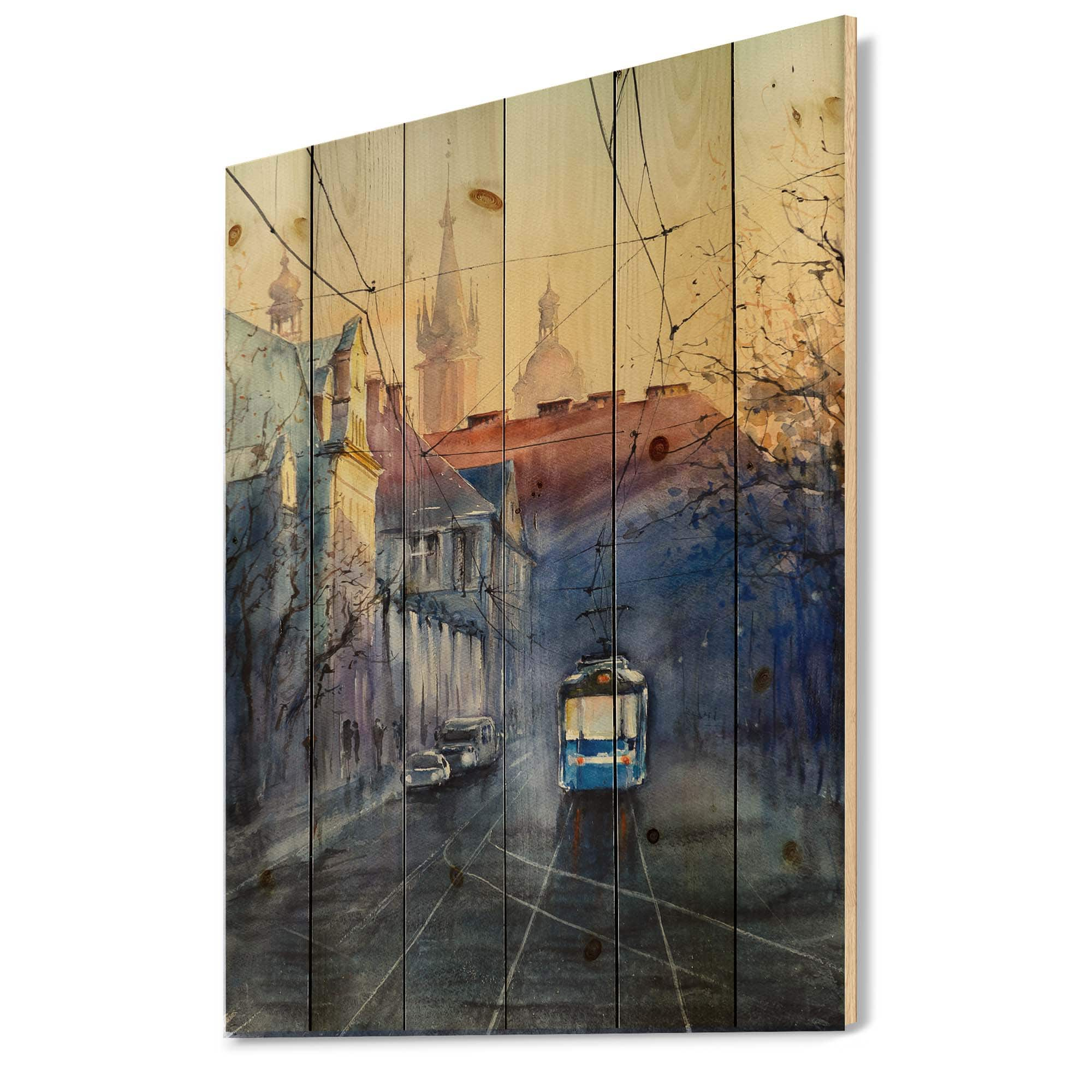 Designart - Blue Tram At Sunset With Church During Sunset - Nautical &#x26; Coastal Print on Natural Pine Wood