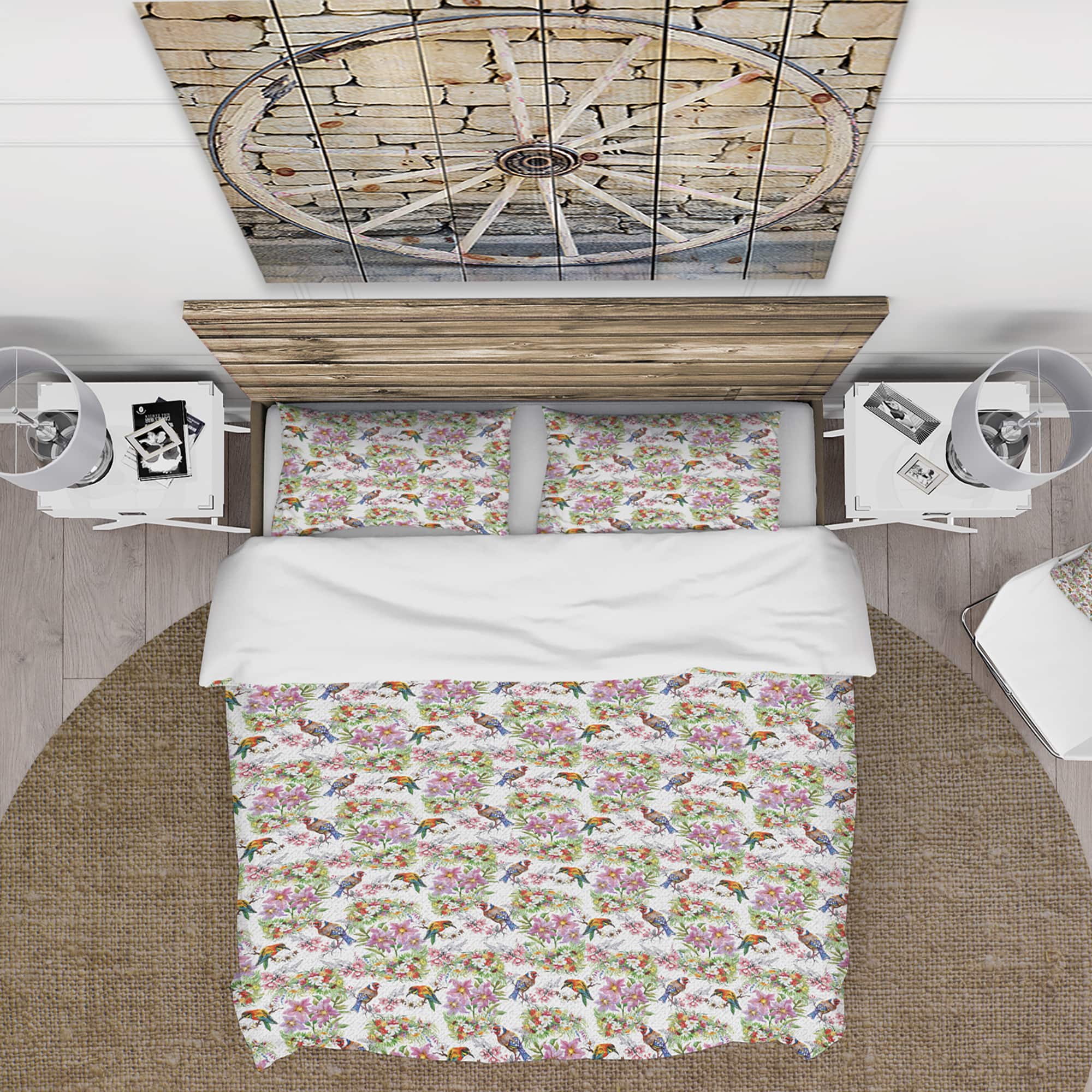 Designart &#x27;Pattern with Flowers and Birds&#x27; Cabin &#x26; Lodge Bedding Set - Duvet Cover &#x26; Shams