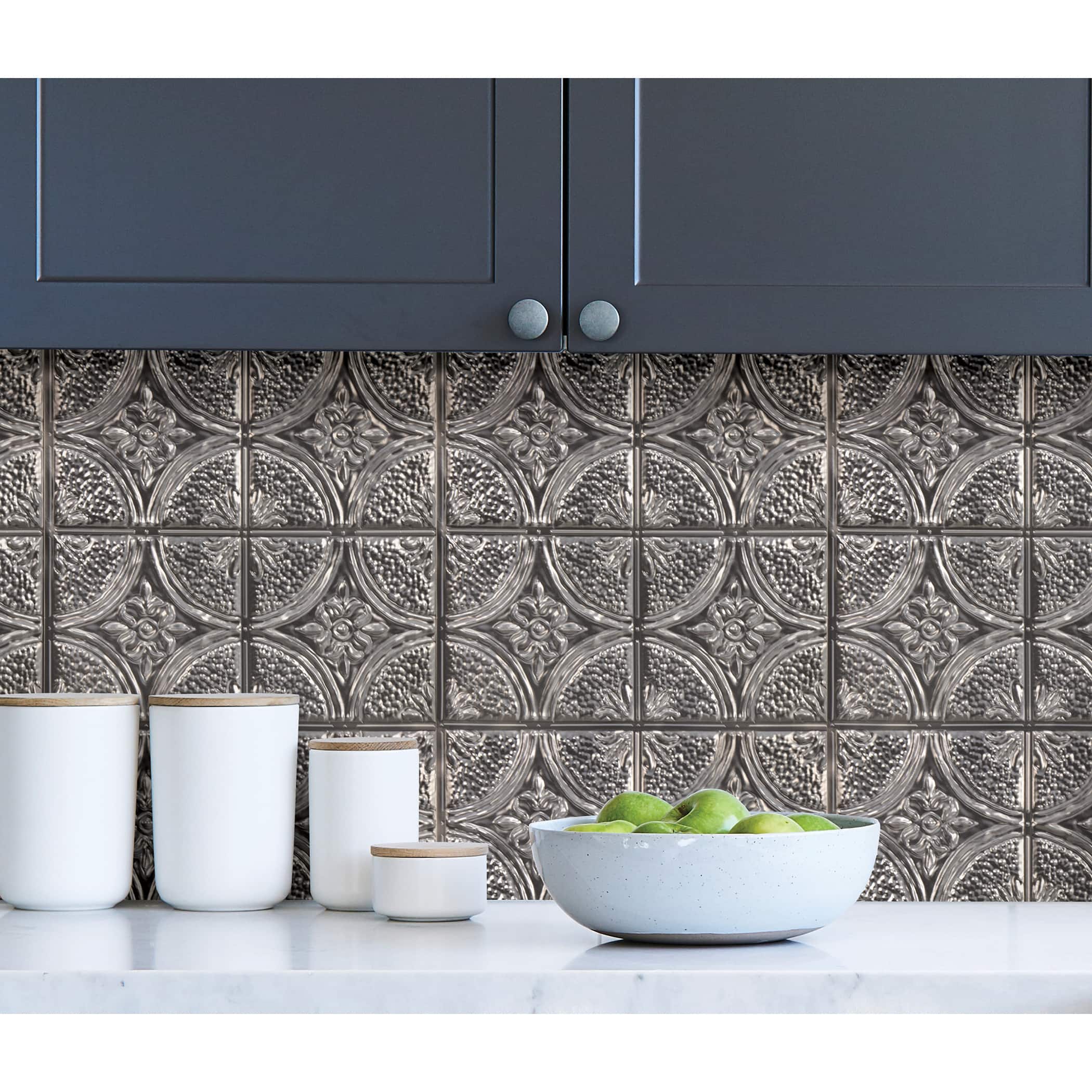 InHome Camden Antique Silver Faux Tin Peel & Stick Backsplash Tiles