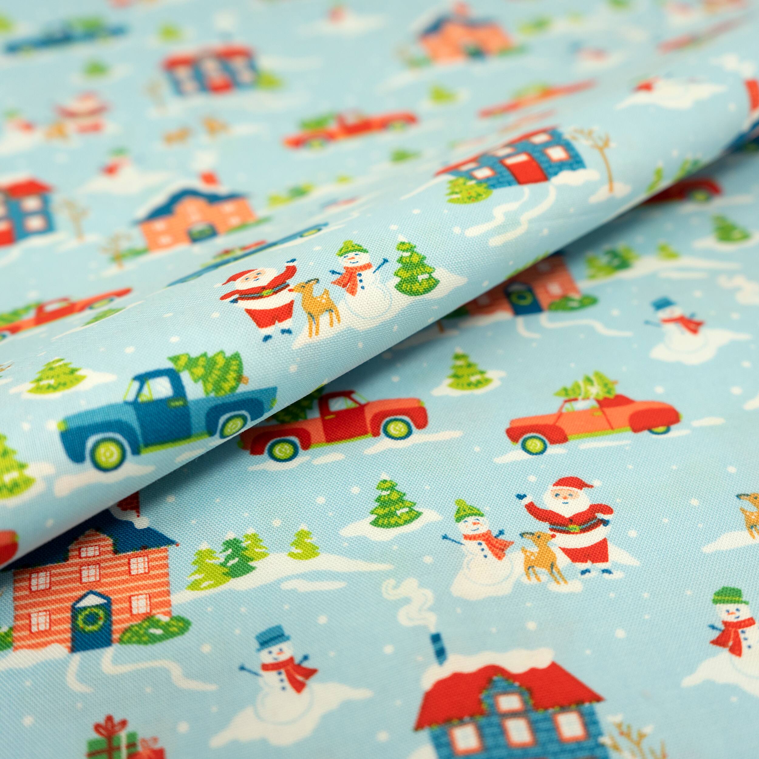 SINGER Christmas Holiday Santa&#x27;s Village Blue Cotton Fabric