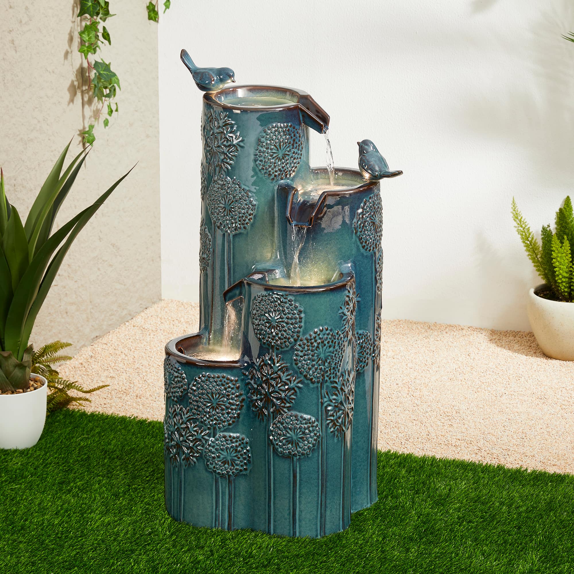 Glitzhome&#xAE; 31.75&#x22; Turquoise 4-Tier Dandelion Texture Vase-Shaped Ceramic Outdoor Fountain with LED Light
