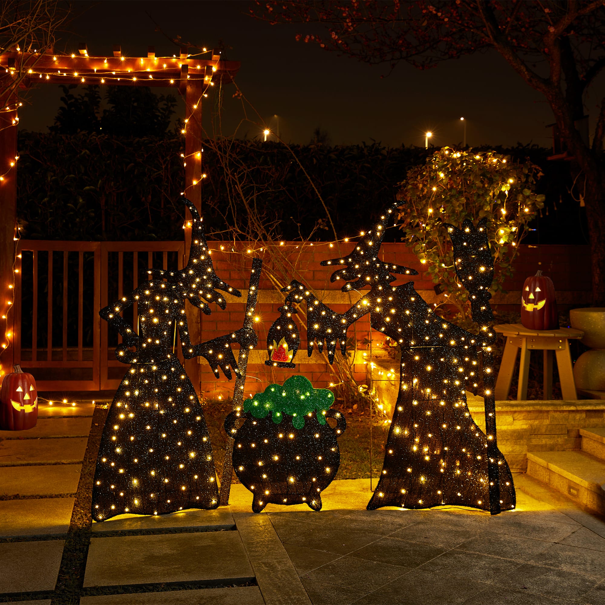 Glitzhome&#xAE; Set of 3 Lighted Halloween 2.5D Witches with Cauldron Outdoor Decor