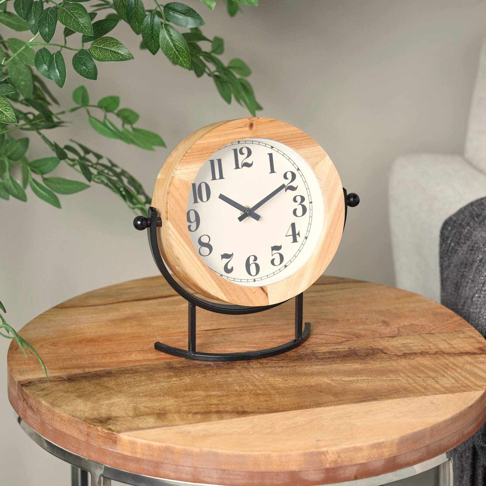10" Light Brown Wood Clock with Curved Black Metal Stand & Ball Details