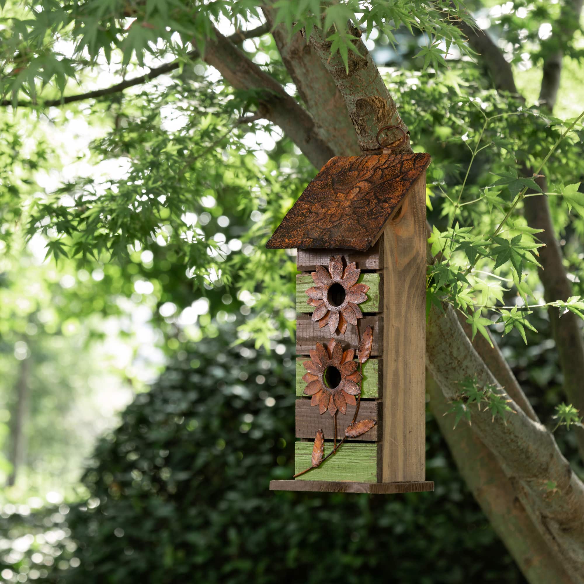 Glitzhome® Hanging 2-Tiered Distressed Wood Bird House with Flowers