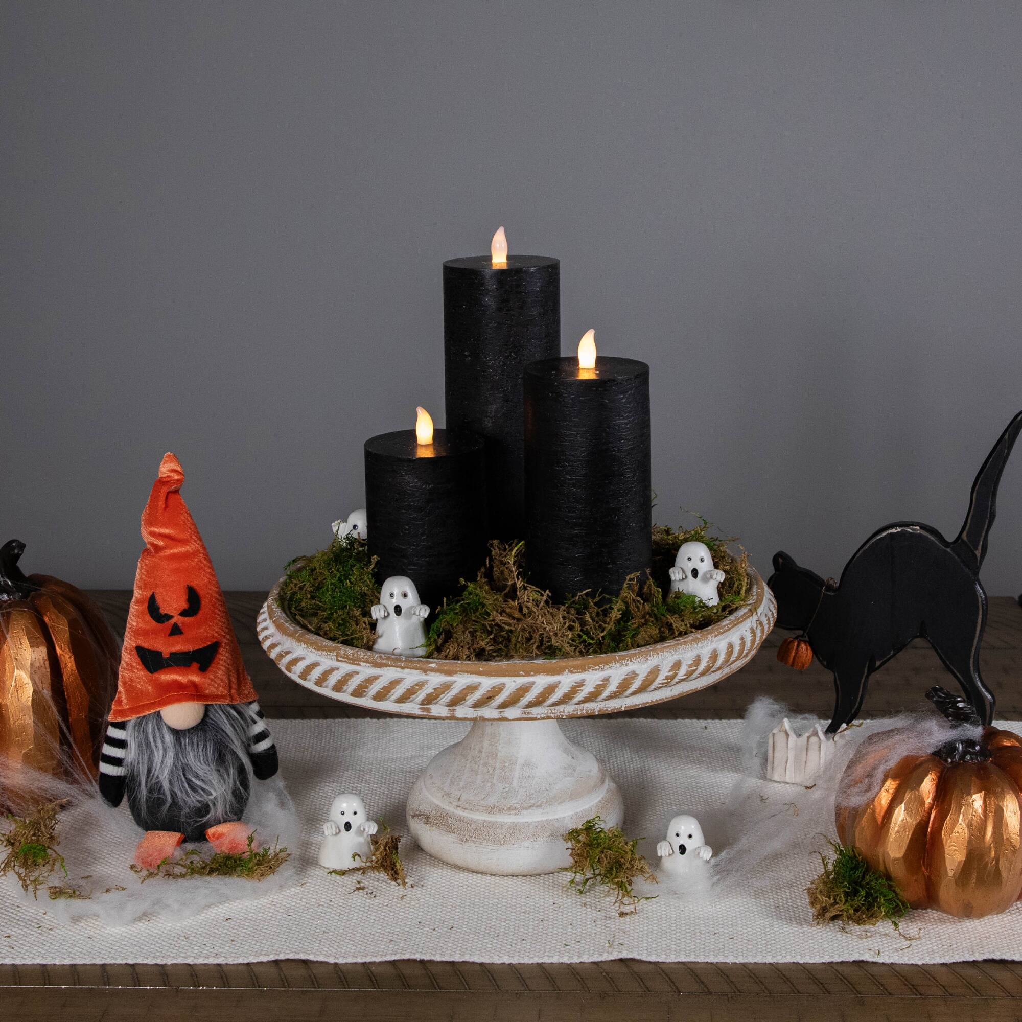 Black Flickering LED Halloween Wax Pillar Candles, 3ct.