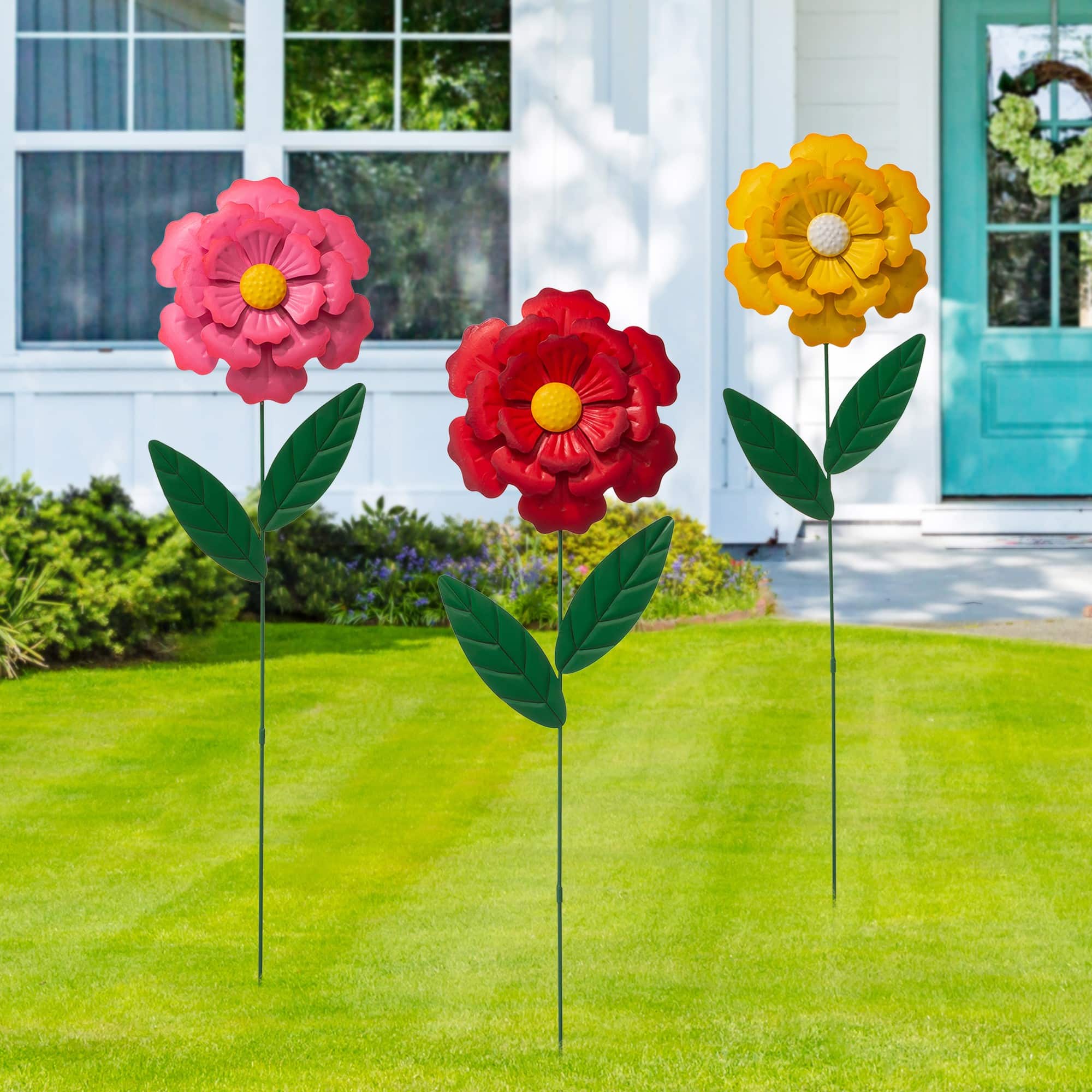 Glitzhome® 3.5ft Assorted Multi-Functional Metal Dimensional Flower Yard Stake, 3ct.