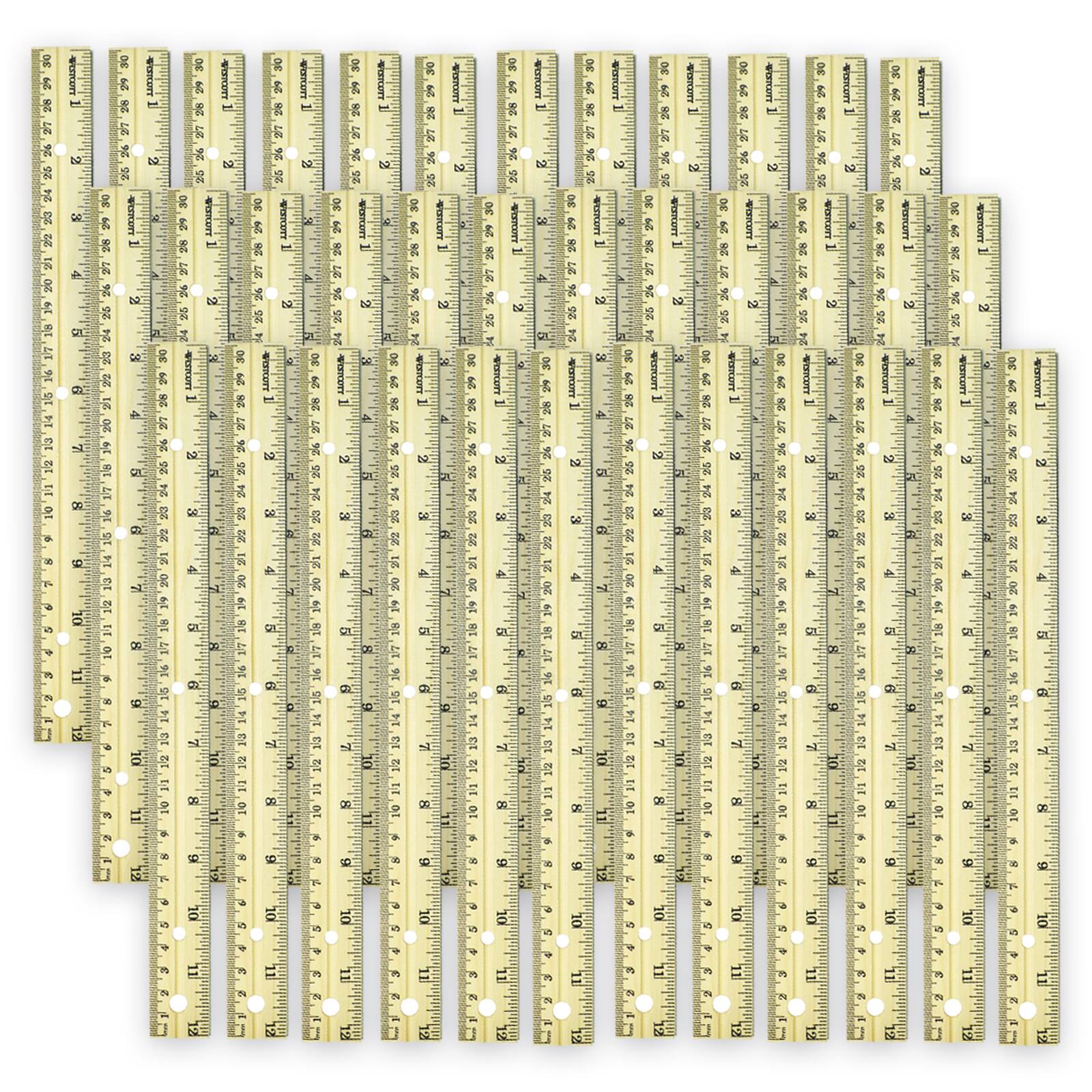 Westcott® 12" Hole Punched Wood Ruler English and Metric with Metal Edge, 36ct.