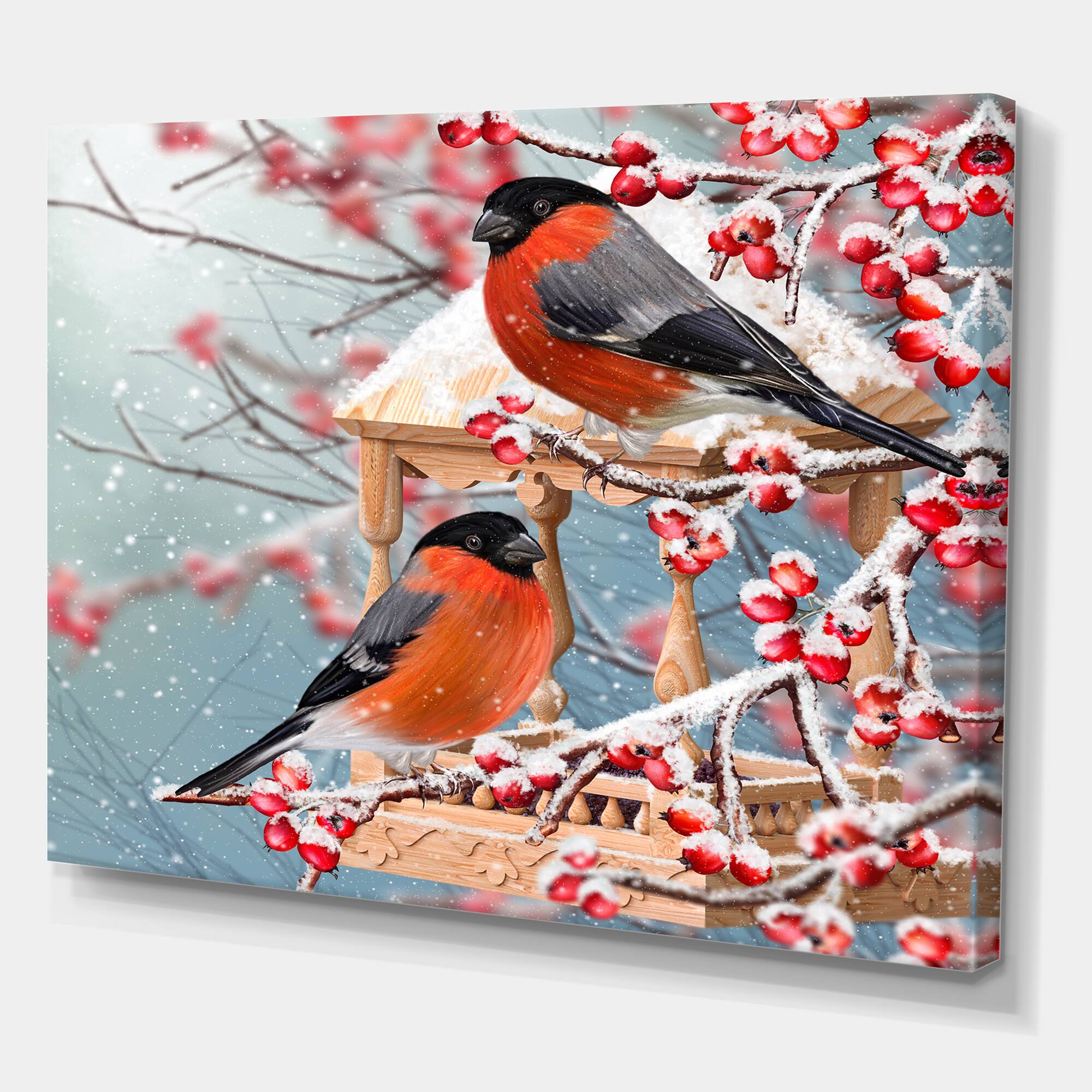 Designart - Two Chickadee Sit On A Snow-Covered Branch - Traditional Canvas Wall Art Print