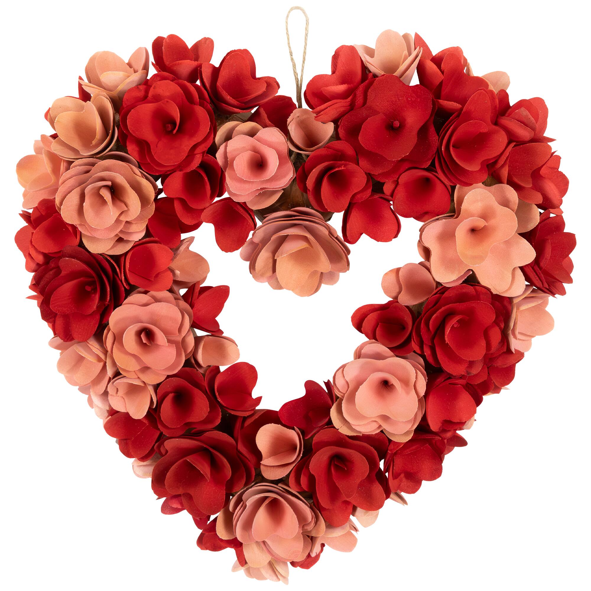 15" Red & Pink Wooden Floral Artificial Valentine's Day Wreath