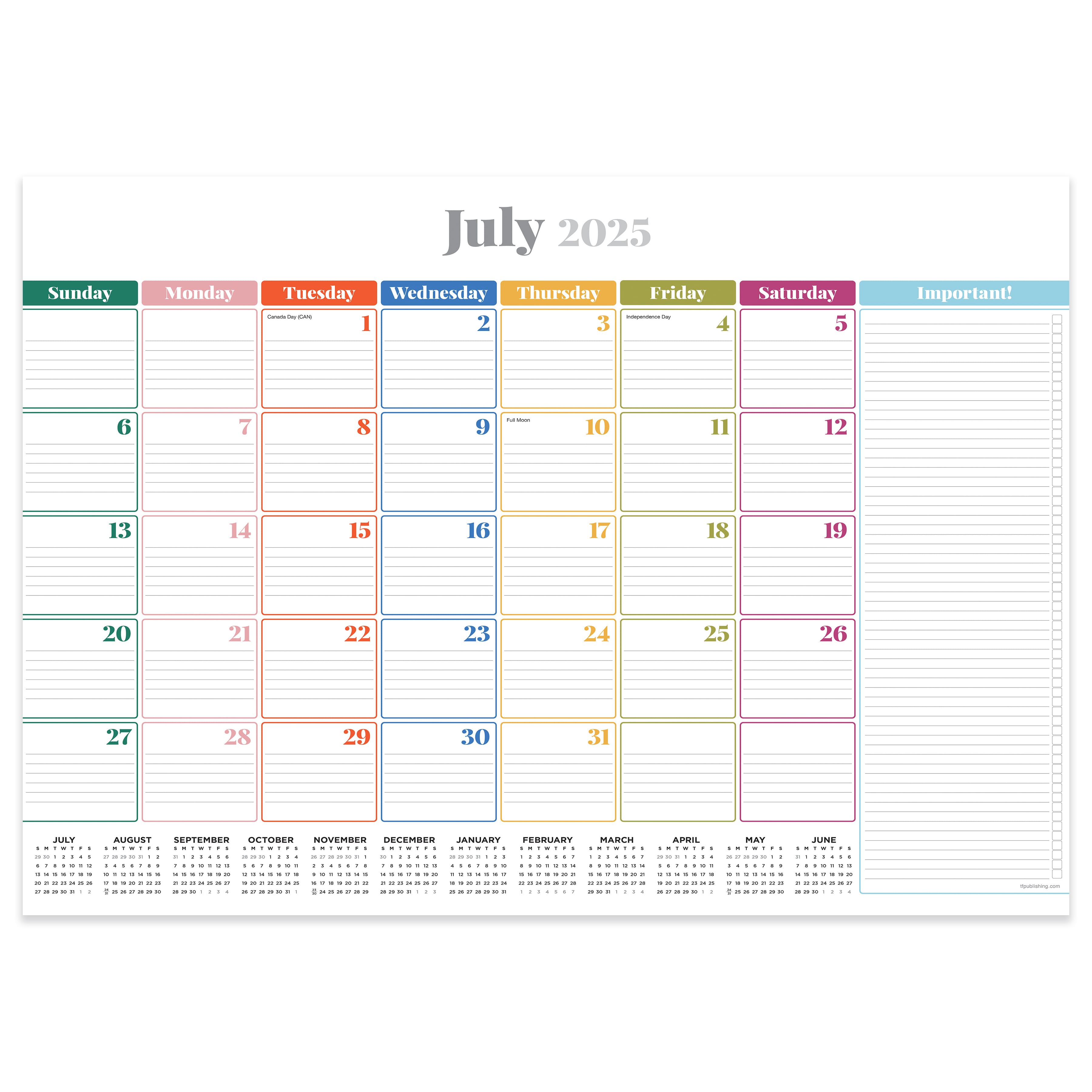 July 2025 - June 2026 Medium Rainbow Blocks Desk Pad Monthly Blotter Calendar