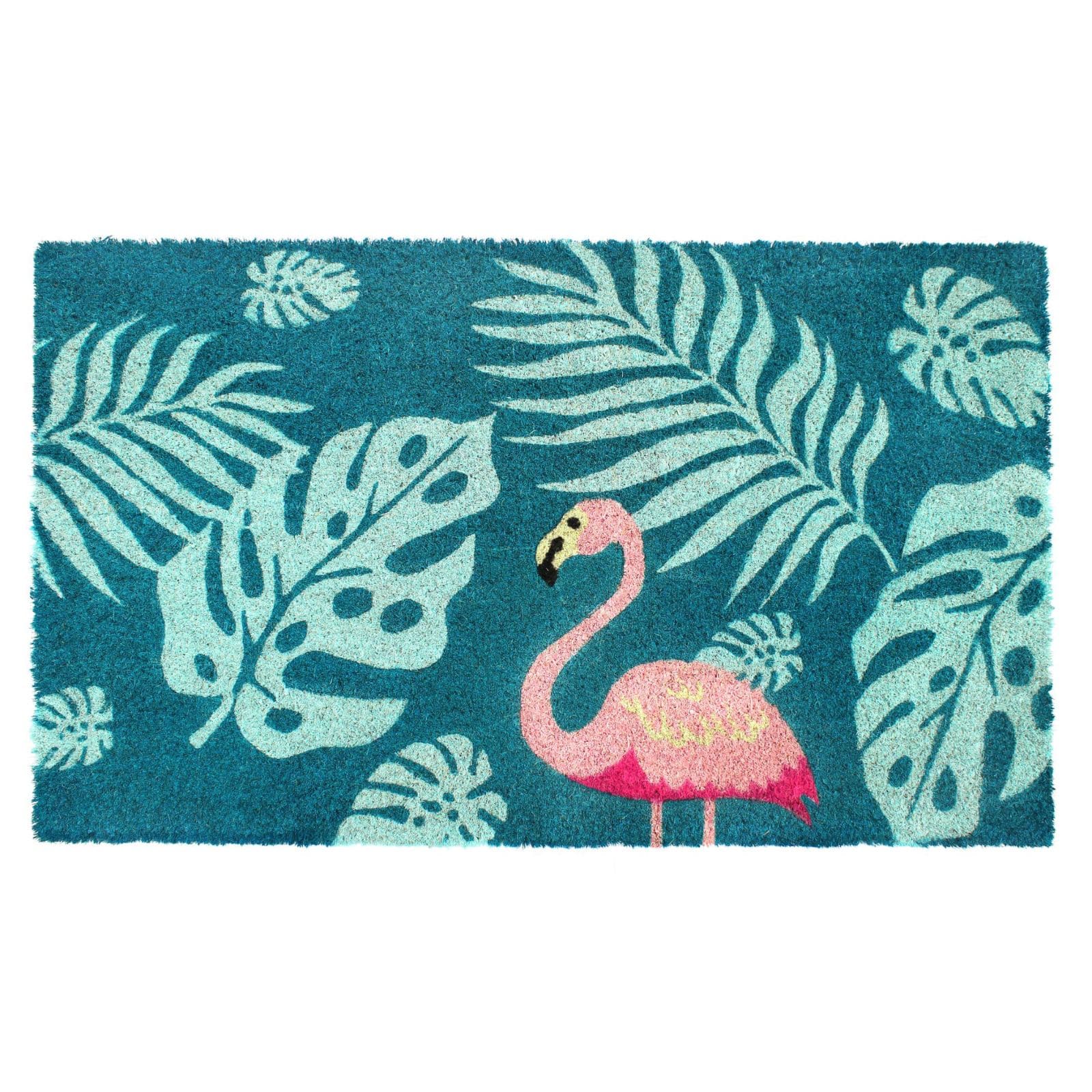 RugSmith Blue Machine Tufted Palm Leaves Flamingo Coir Doormat, 18&#x27;&#x27; x 30&#x27;&#x27;