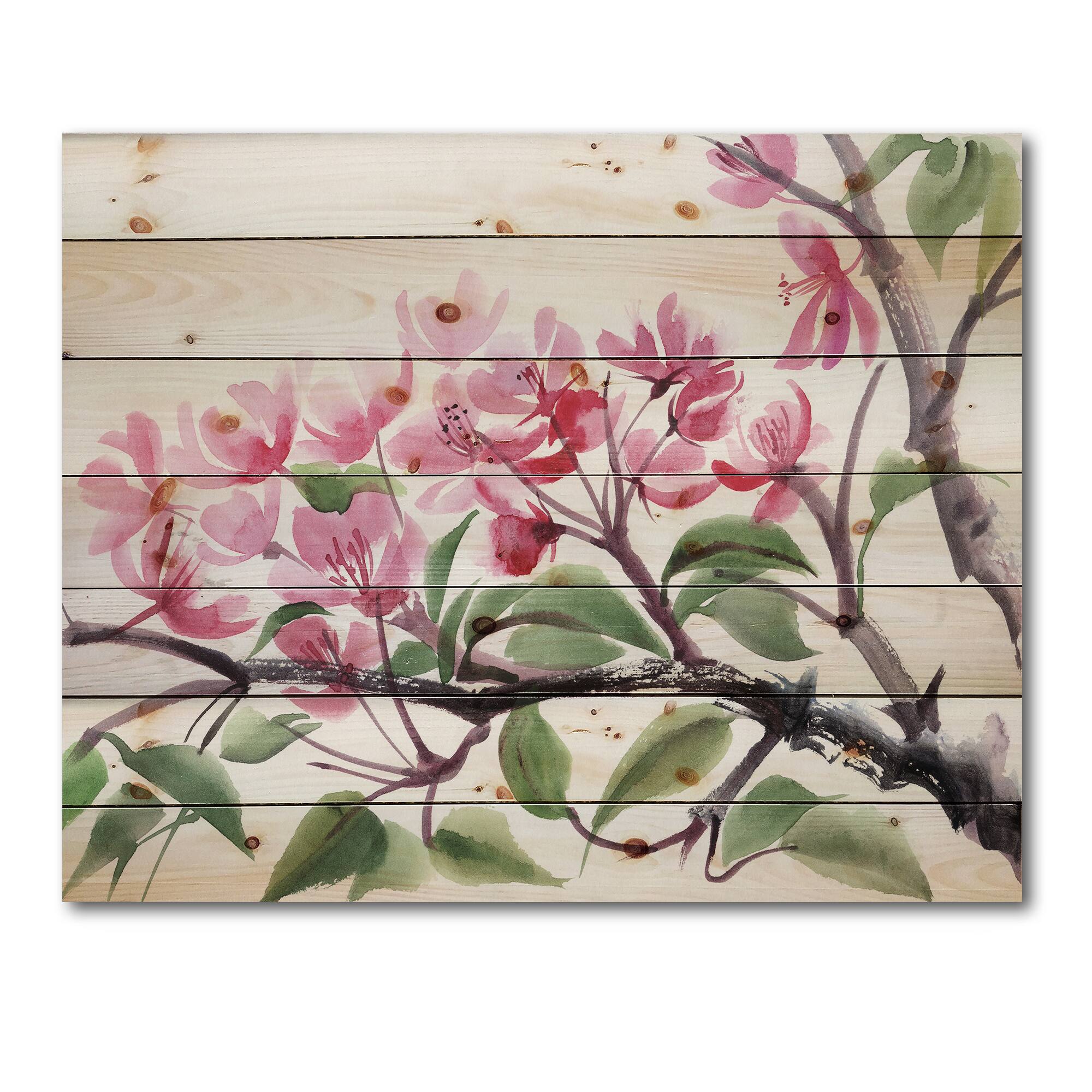 Designart - Pink Blossoming Tree - Traditional Print on Natural Pine Wood